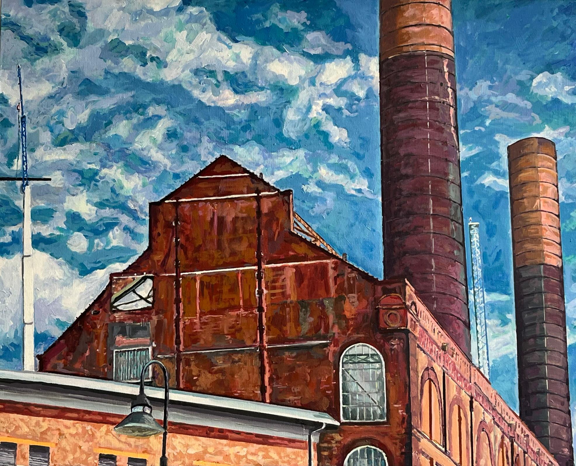 Paul Ettedgui Figurative Painting - Lots Road Power Station with Two Cranes - Painting, Acrylic on canvas