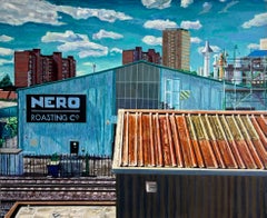 Cityscape Glimpses: Nero Warehouse Acrylic Painting, Contemporary Art