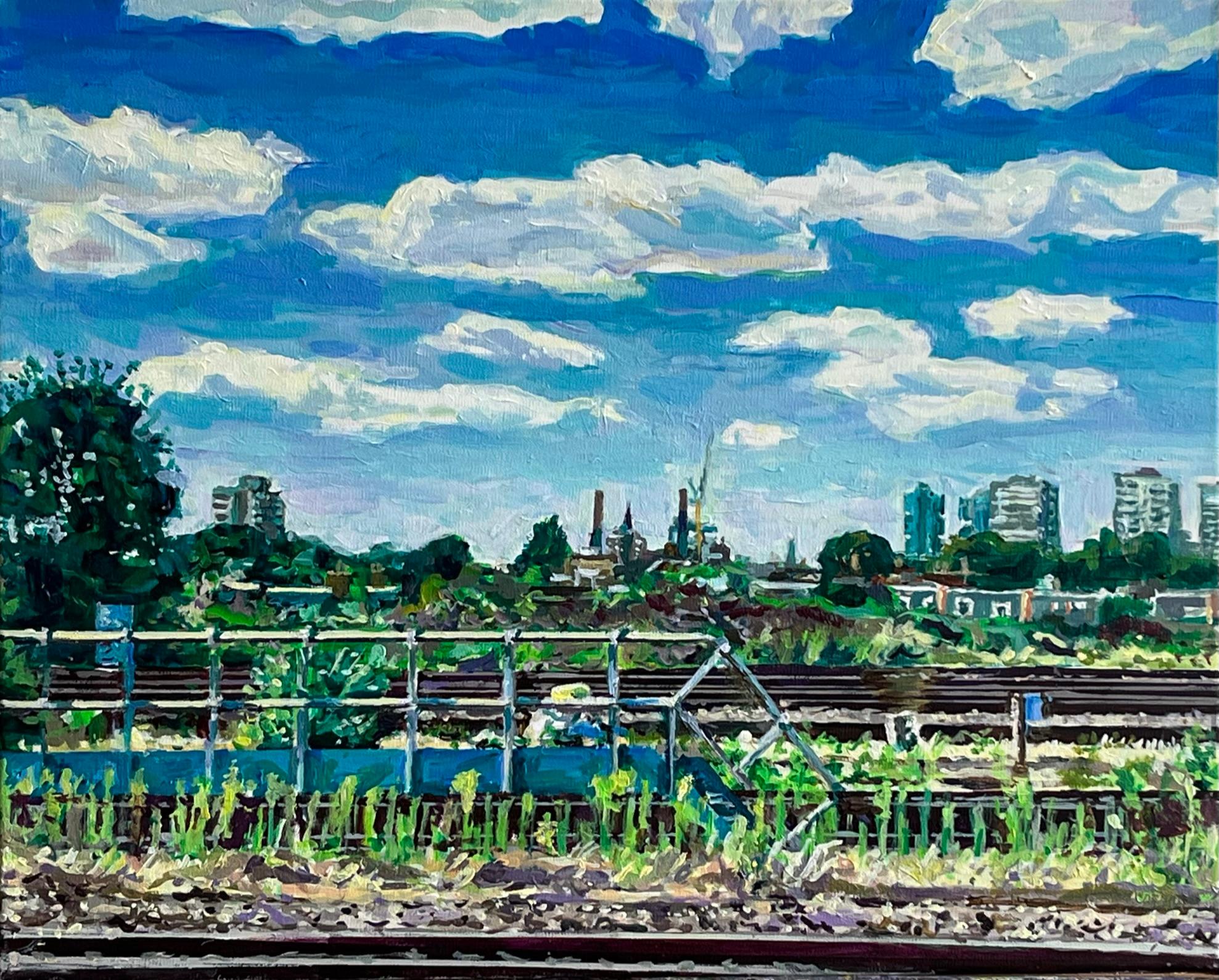 Paul Ettedgui Figurative Painting - Rail View towards Lots Road - Painting, Acrylic on canvas