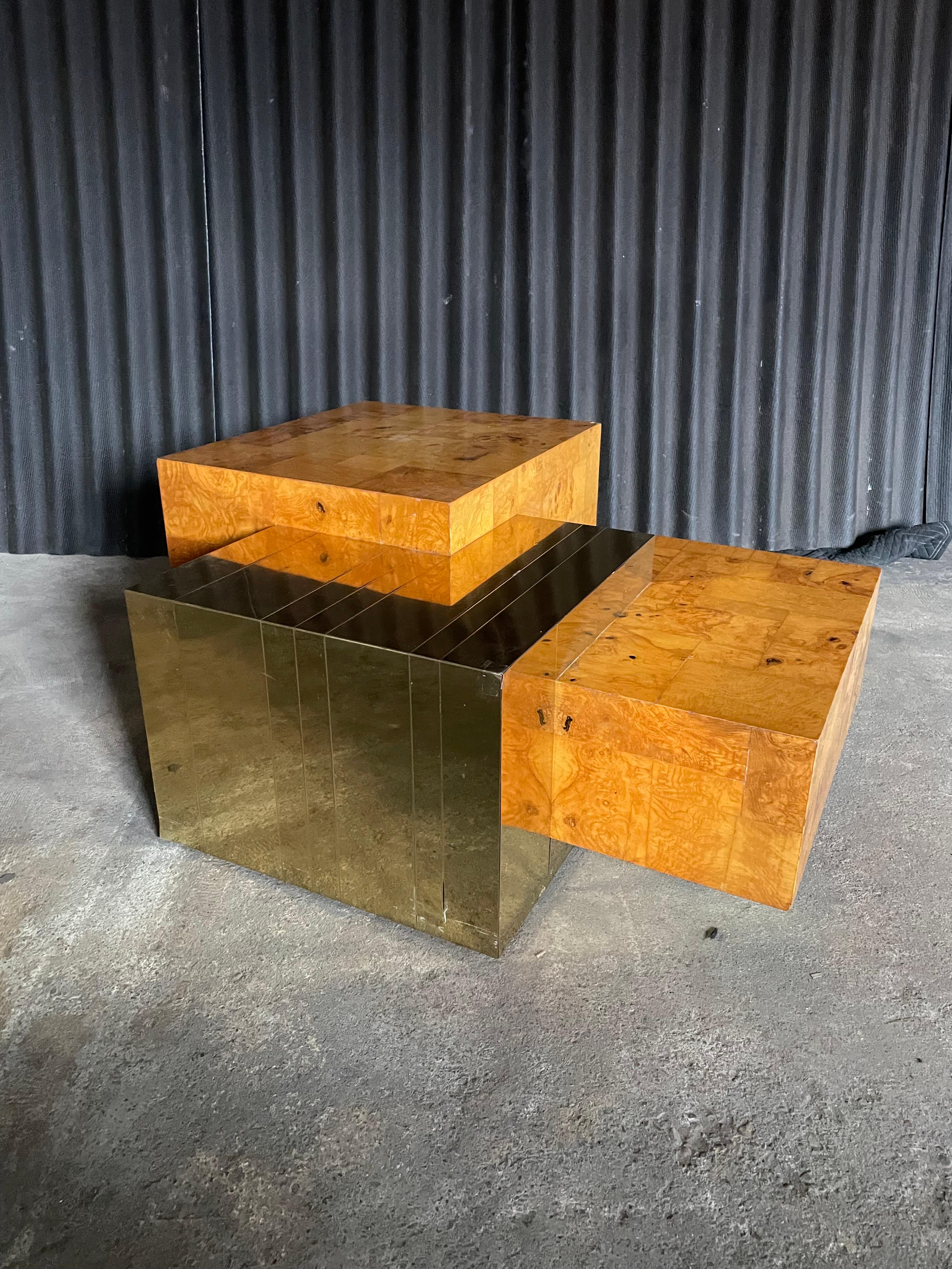 Mid-Century Modern Paul Evans Style Brass plate and Burl-Wood 3-tier Cocktail Table