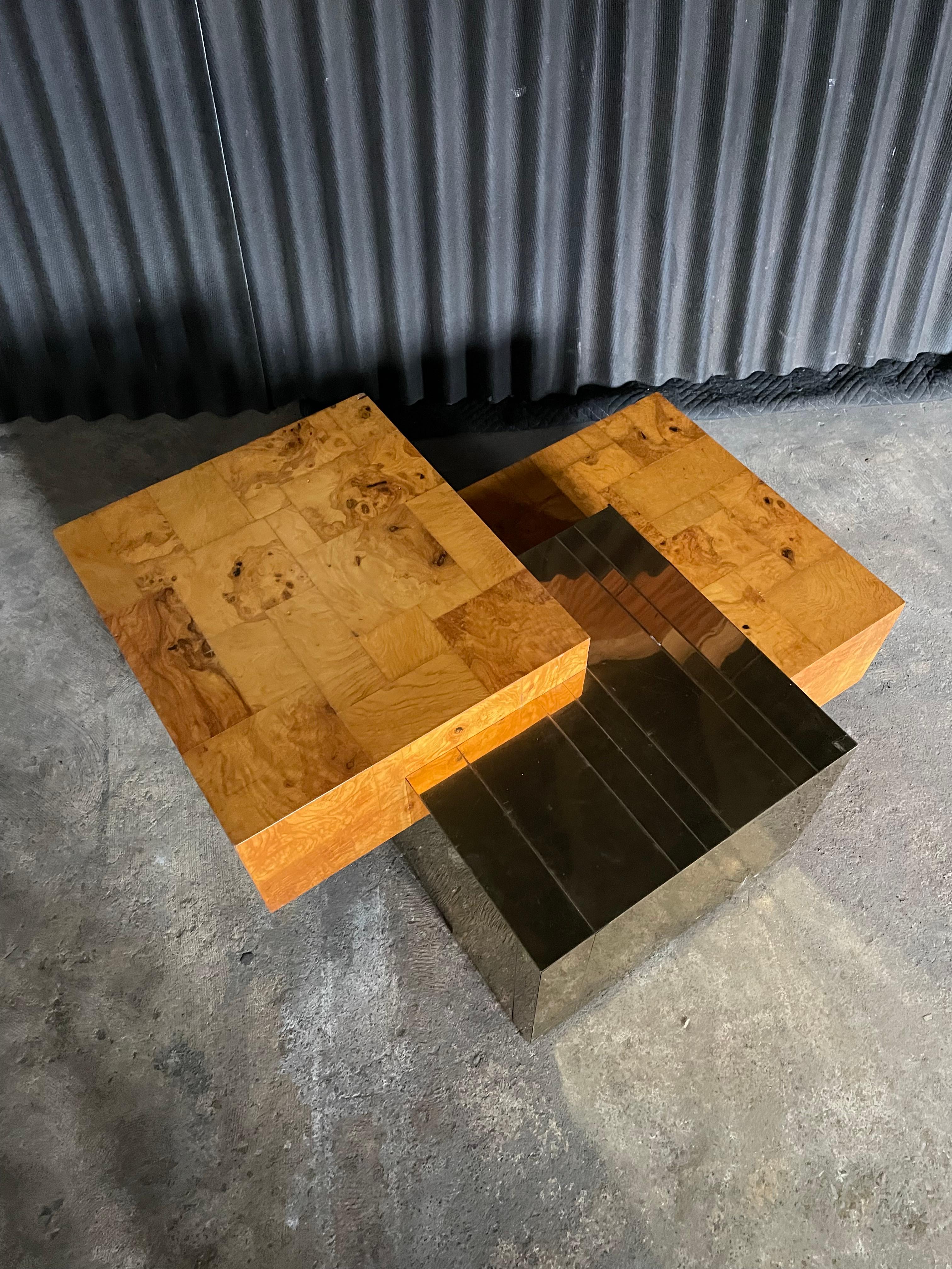 American Paul Evans Style Brass plate and Burl-Wood 3-tier Cocktail Table