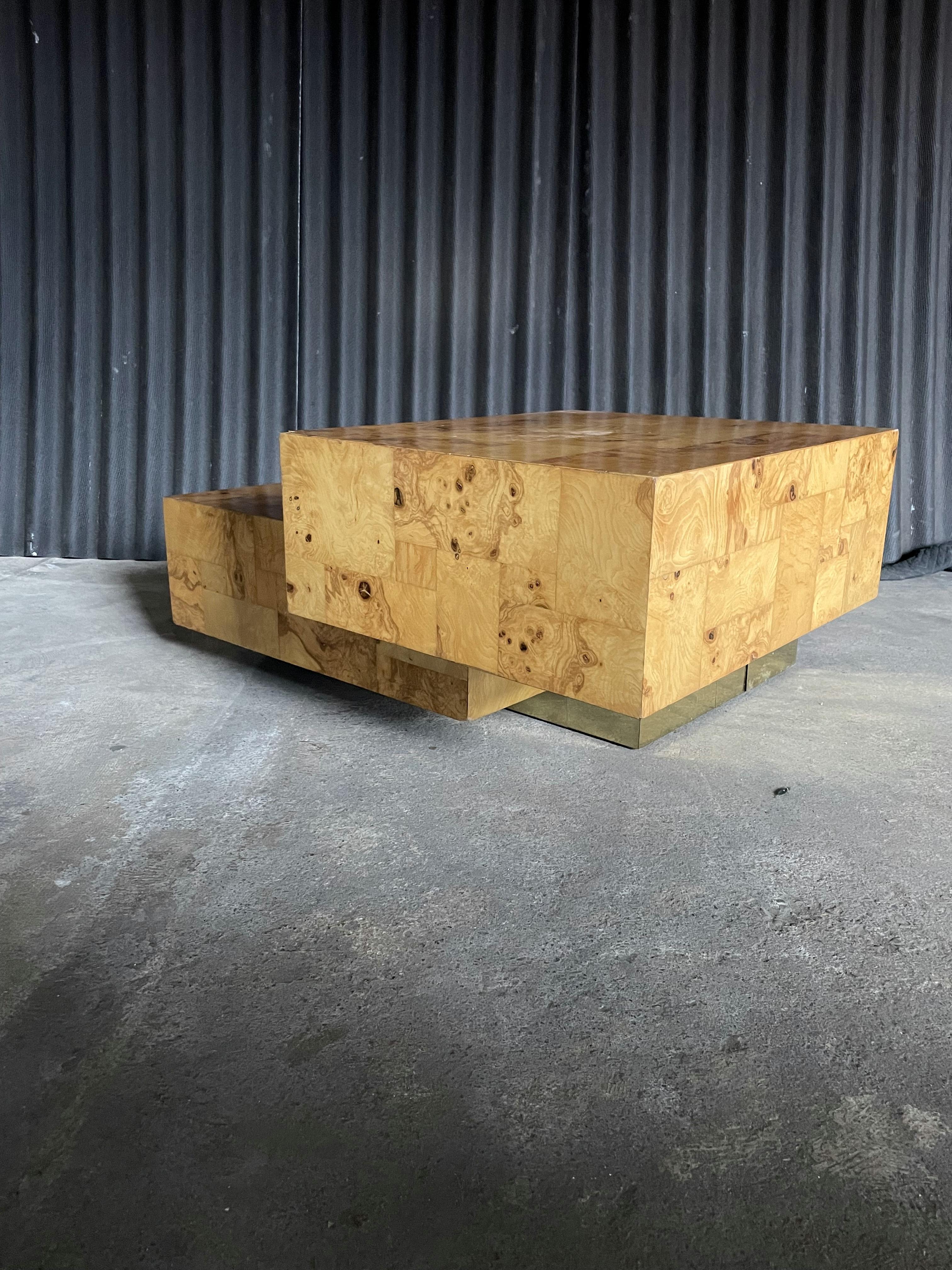 Late 20th Century Paul Evans Style Brass plate and Burl-Wood 3-tier Cocktail Table