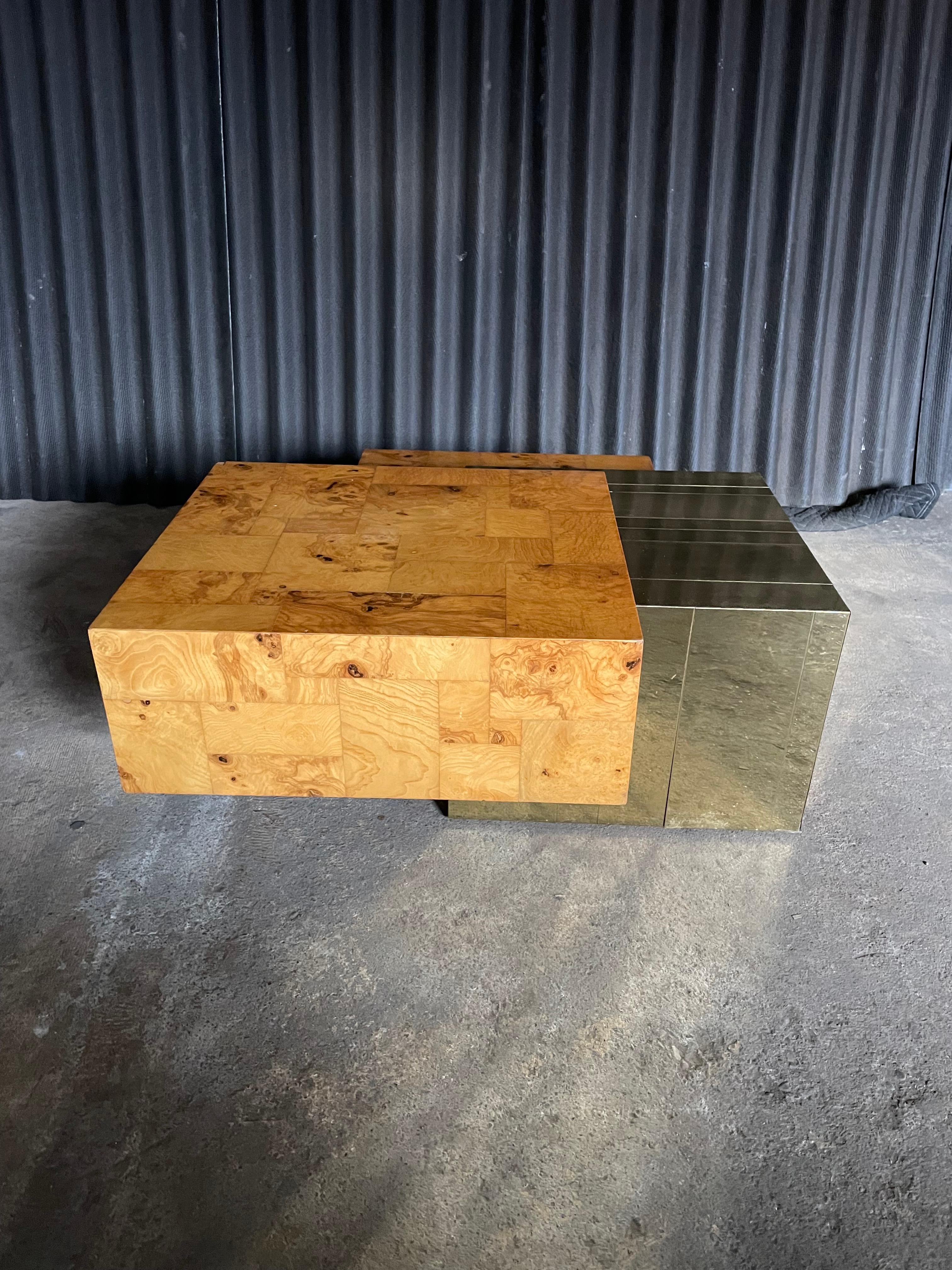 Paul Evans Style Brass plate and Burl-Wood 3-tier Cocktail Table 1