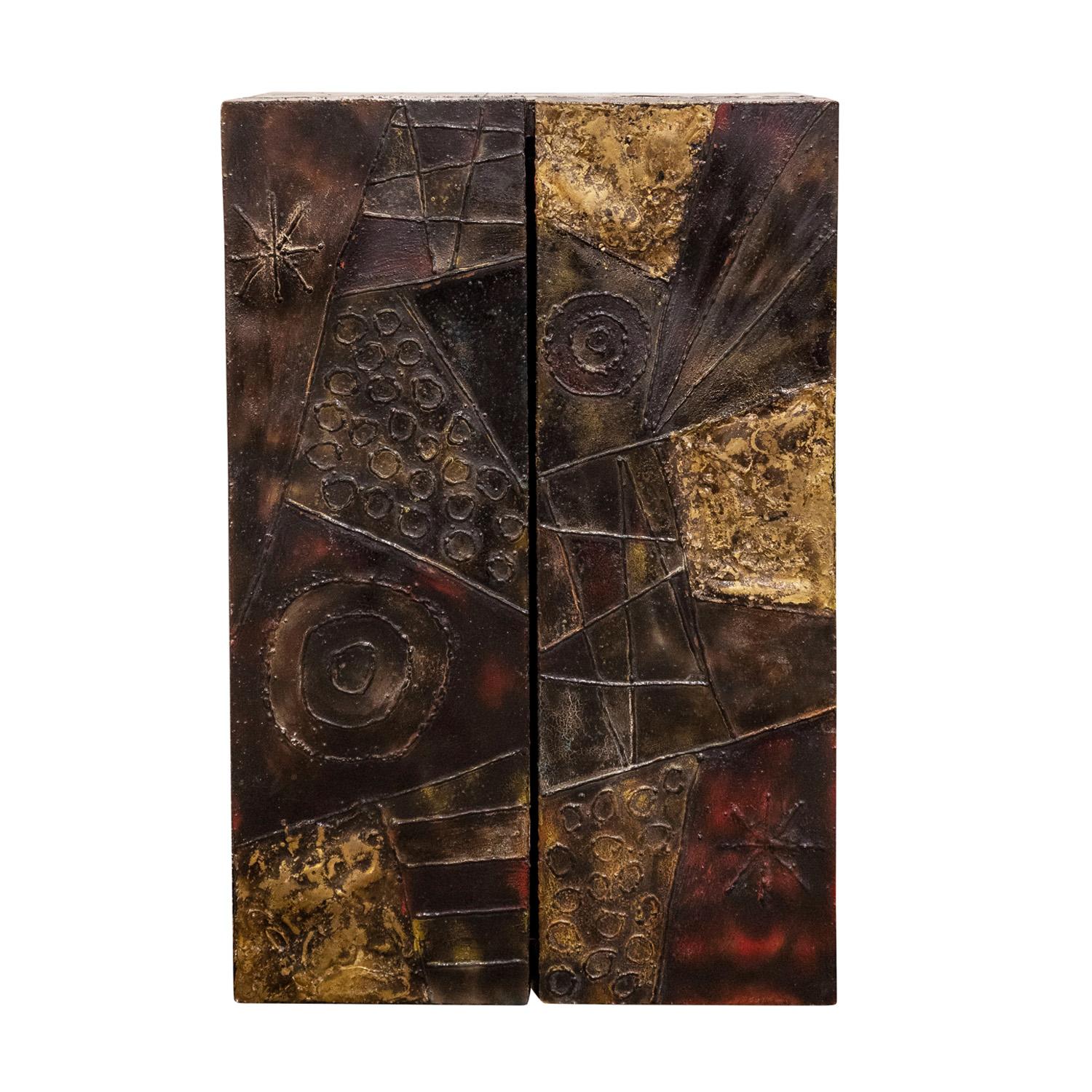 Stunning and iconic wall mounted 2 door cabinet, hand-welded with polychrome enamels and gold leaf, by Paul Evans, American 1968 (Signed “Paul Evans 68”). Interior is lacquered red with shelf. We have the matching credenza which is shown in the