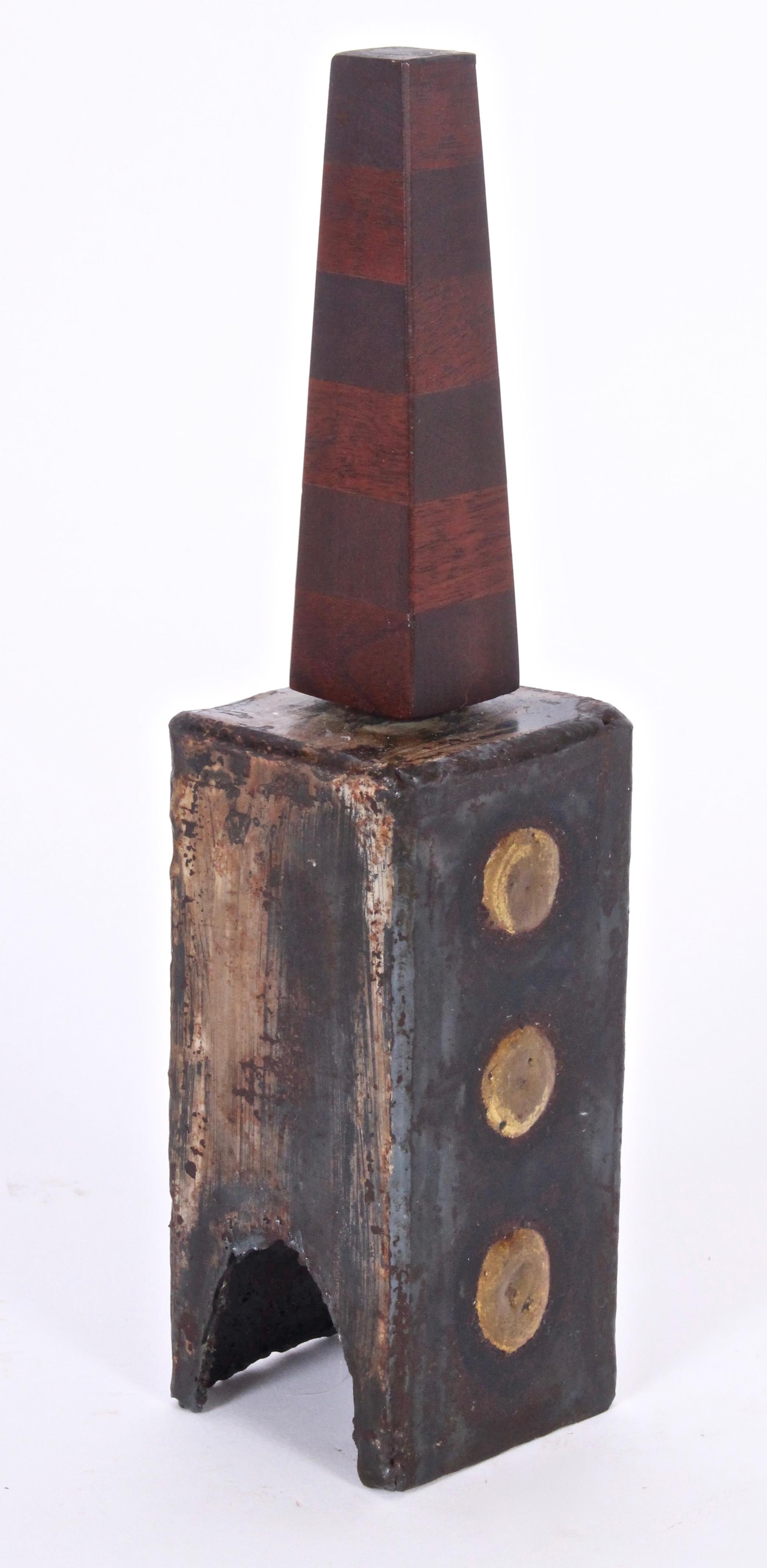American Paul Evans & Phillip Lloyd Powell Handcrafted Steel, Brass & Wood Brutalist Bell For Sale