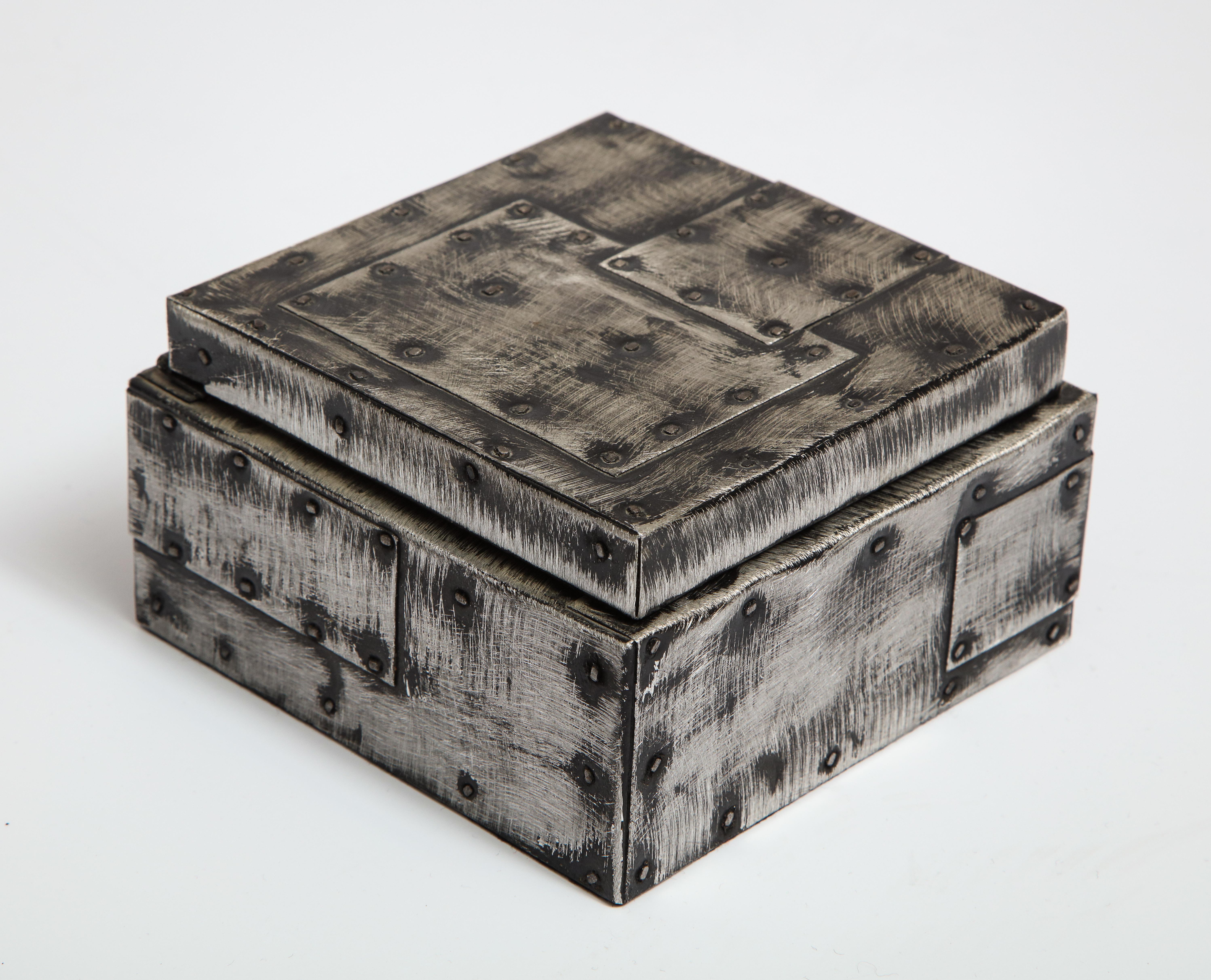 Paul Evans Humidor Box, Argente Patchwork, Signed. Hinged hand tooled mixed metal humidor box with dark pewter argente patchwork finish. We purchased this humidor along with an square ashtray (available in another listing). The interior is lined