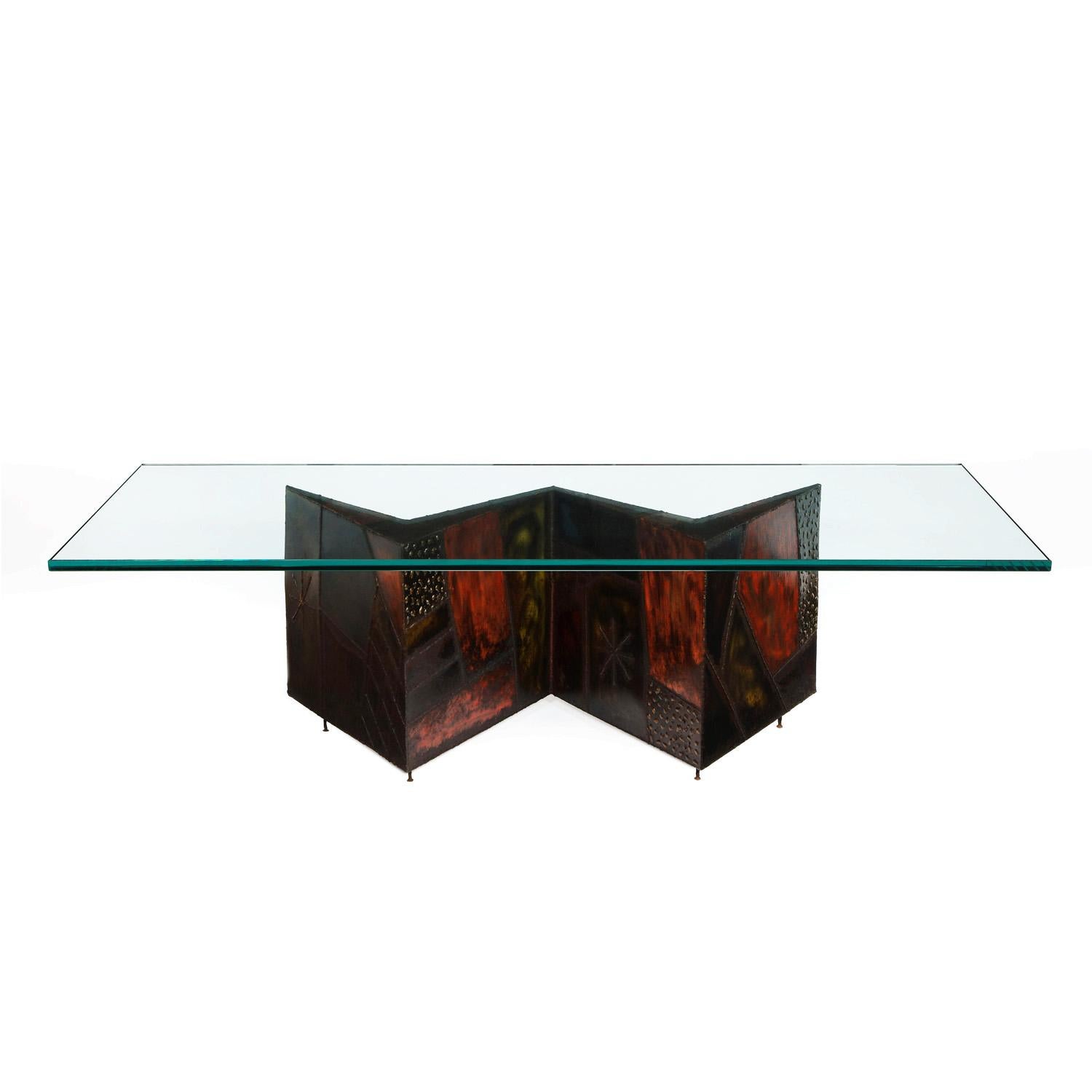 Hand-welded and colored sculptural coffee table, model PE-11 with thick glass top, by Paul Evans for Directional Furniture, American 1974 (signed and dated “P.E. 1974” on bottom corner). The coloration of this table is incredible and the gold points