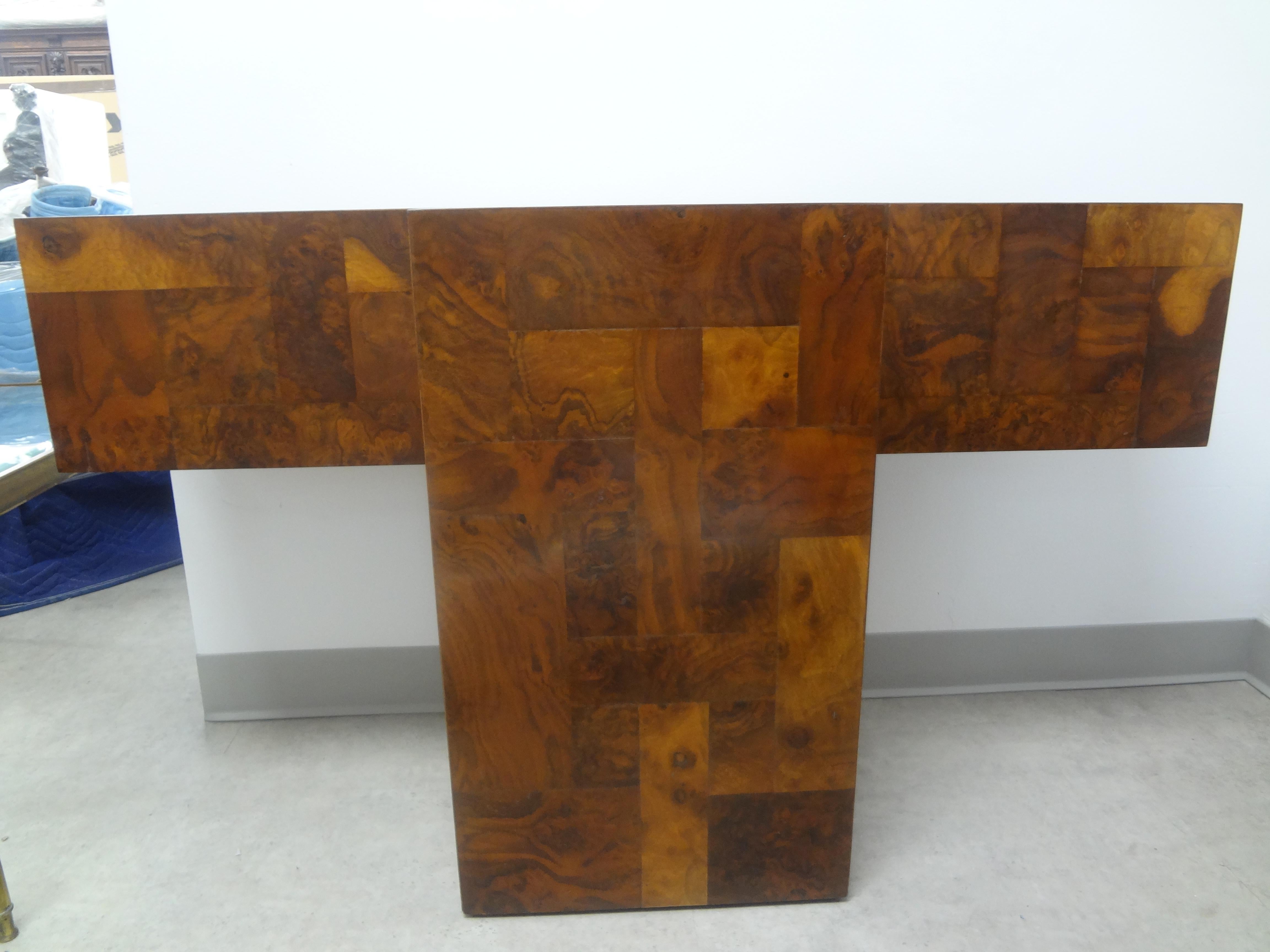 Paul Evans for Directional cityscape patchwork burlwood console table, center table or dining table base. This stunning Mid-Century Modern Evans attributed table was acquired from a Palm Beach estate along with several additional pieces of Evans