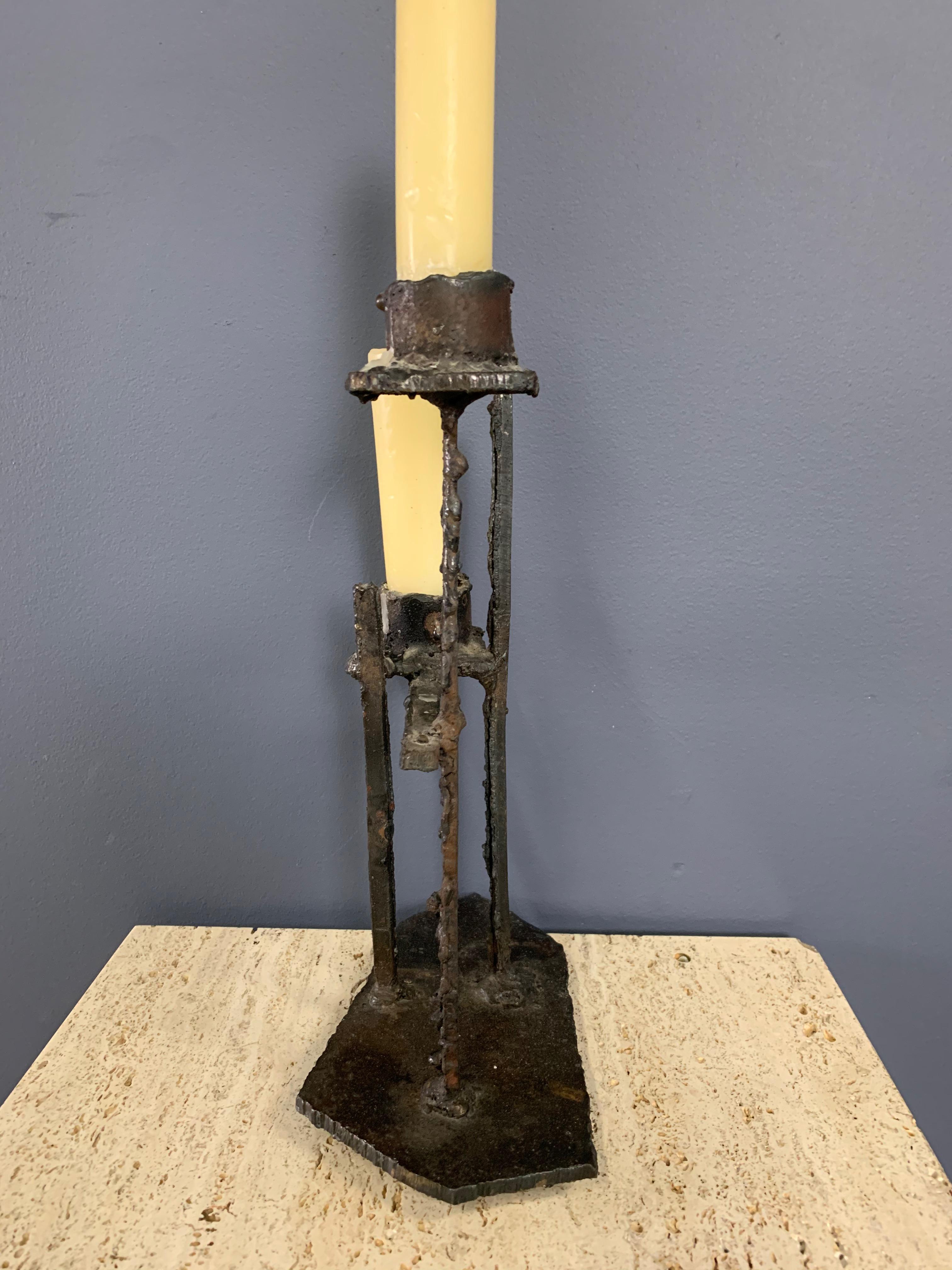 Mid-Century Modern Paul Evans Attributed Welded Steel Brutalist Candlestick For Sale