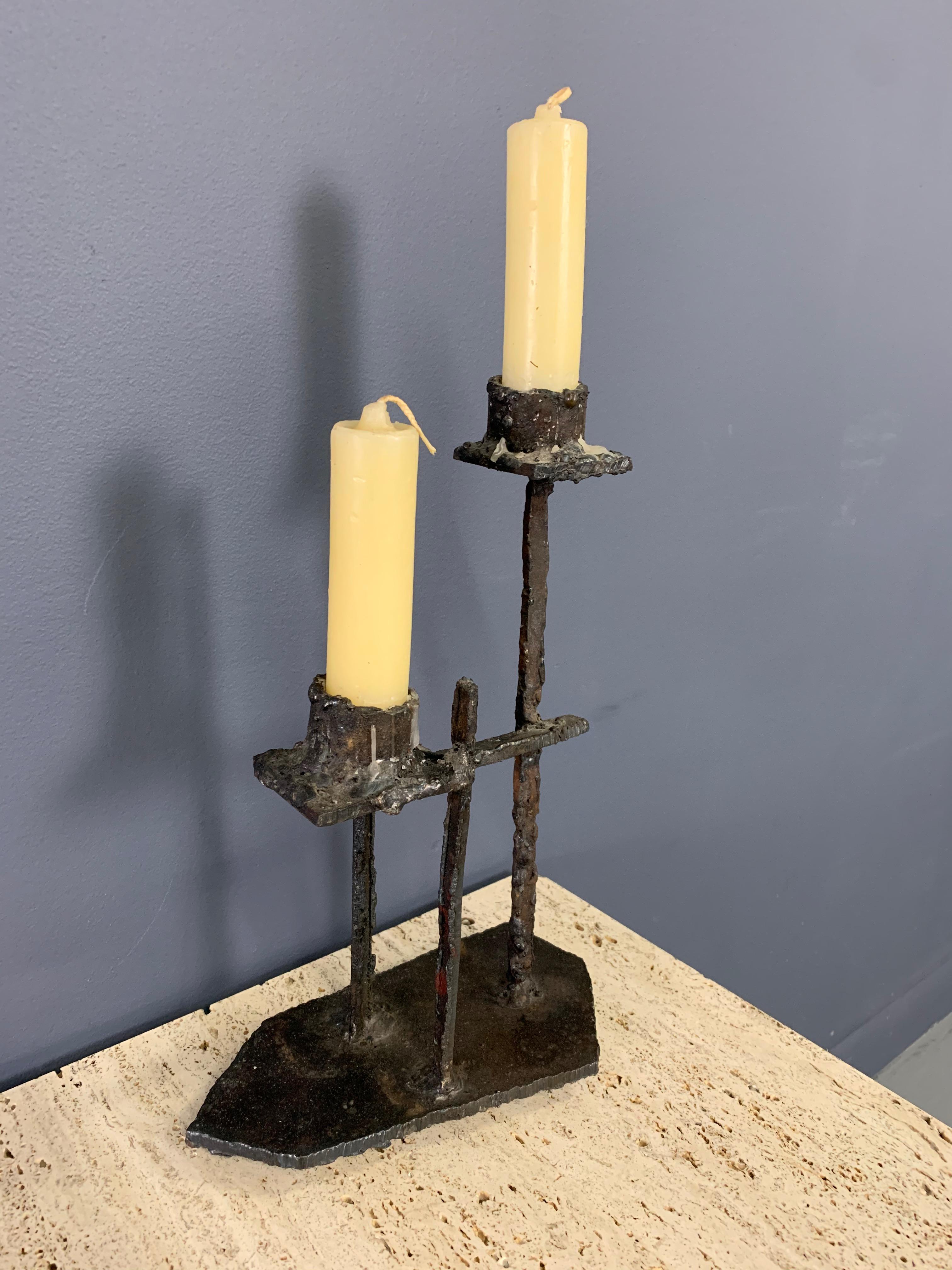 Paul Evans Attributed Welded Steel Brutalist Candlestick In Good Condition For Sale In Philadelphia, PA