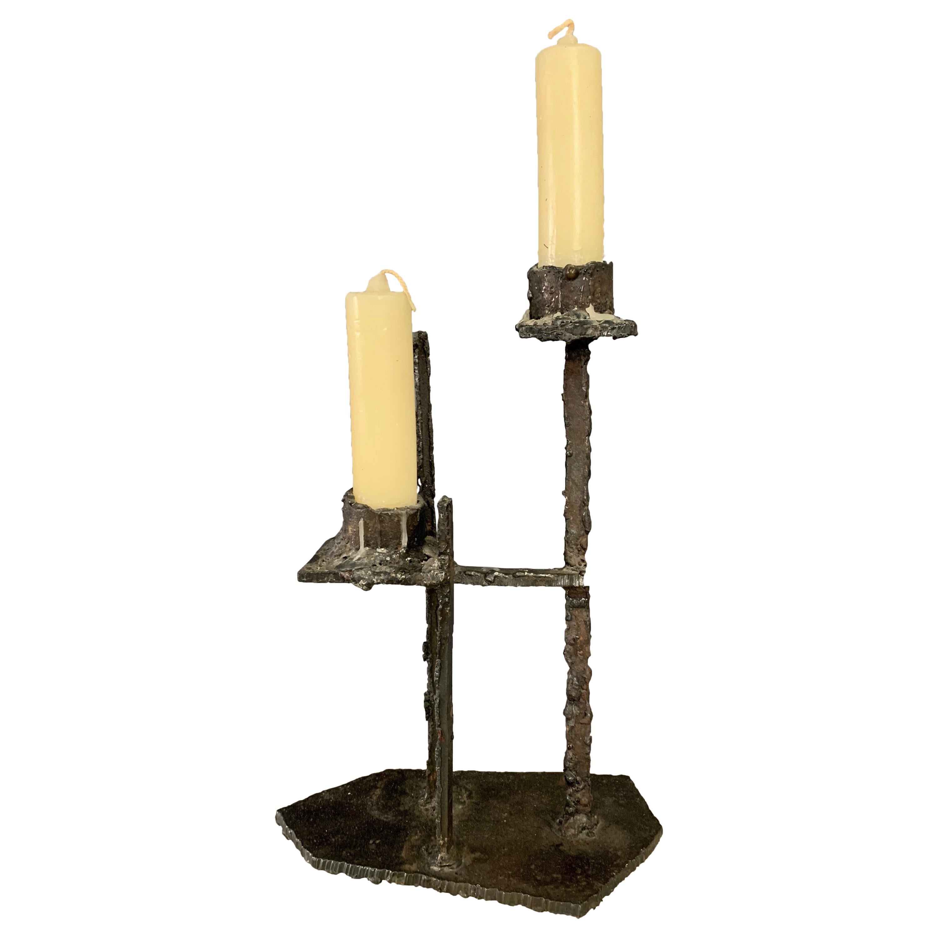 Paul Evans Attributed Welded Steel Brutalist Candlestick For Sale