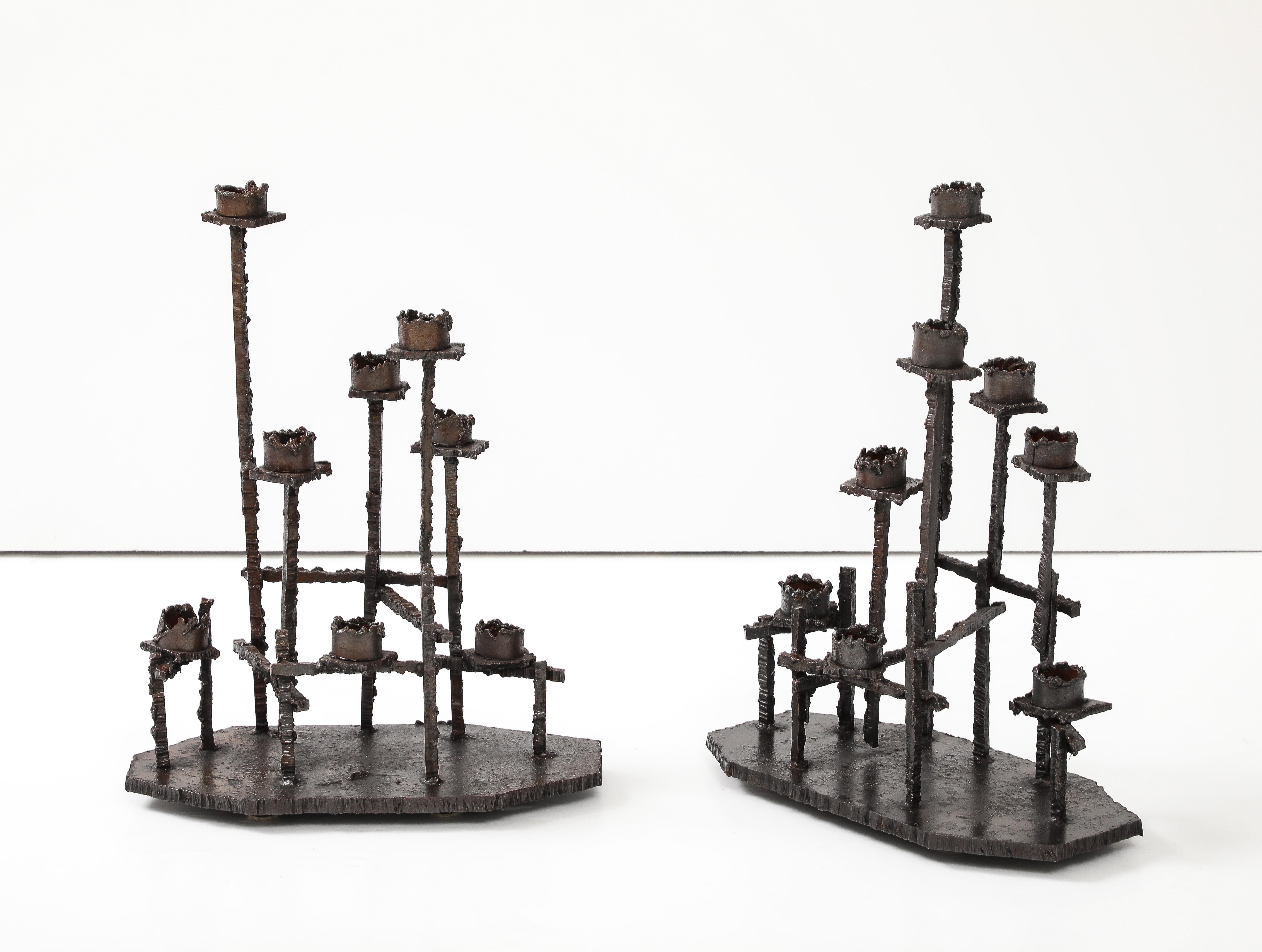 Mid-Century Modern Paul Evans Attributed Welded Steel Brutalist Candlesticks For Sale