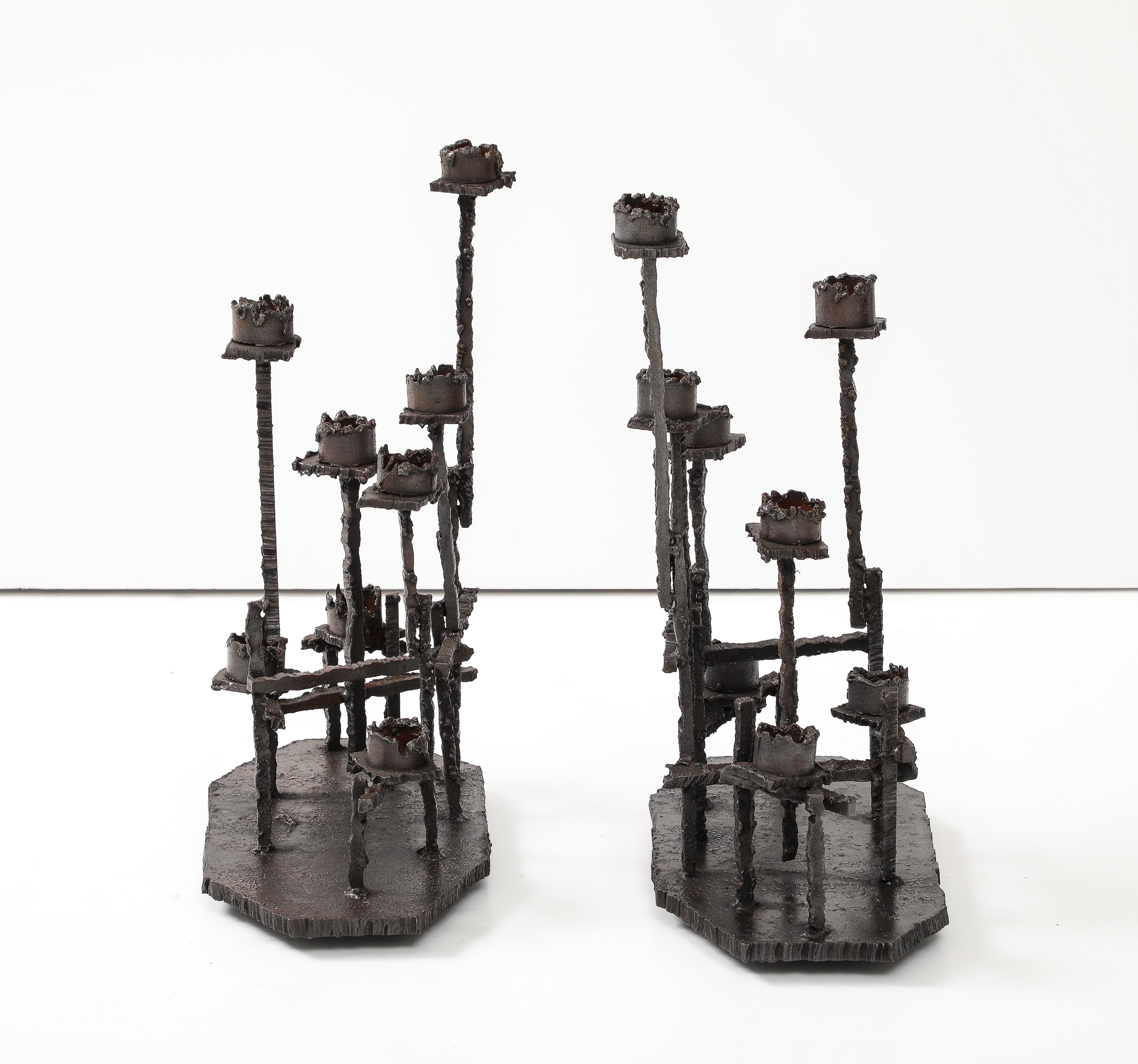 Late 20th Century Paul Evans Attributed Welded Steel Brutalist Candlesticks For Sale