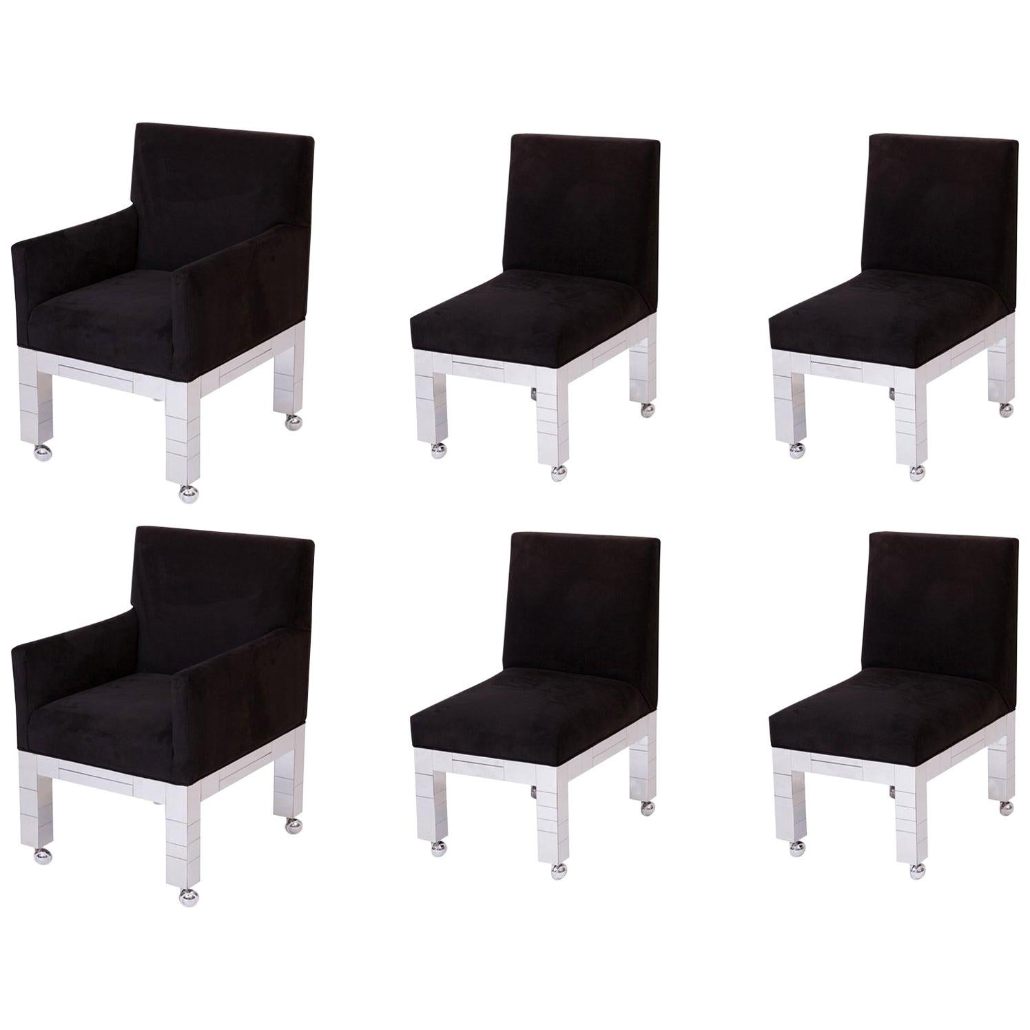 Paul Evans Black Ultrasuede 'Cityscape' Dining Chairs with Chrome Bases '6'