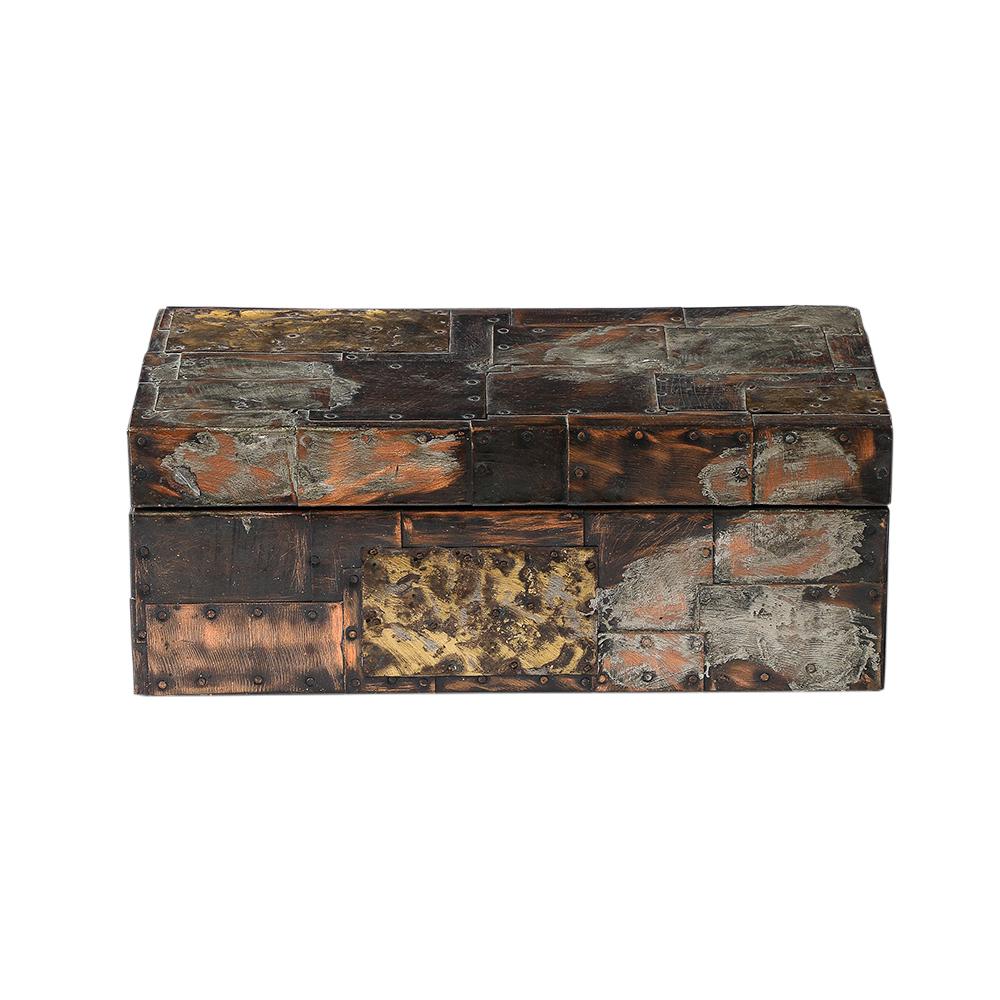 Paul Evans Box, Copper, Bronze, Pewter, Hinged, Signed. Large scale hinged mixed metal textured box with painted red wood interior and lined with orange/yellow felt. Signed with incised 