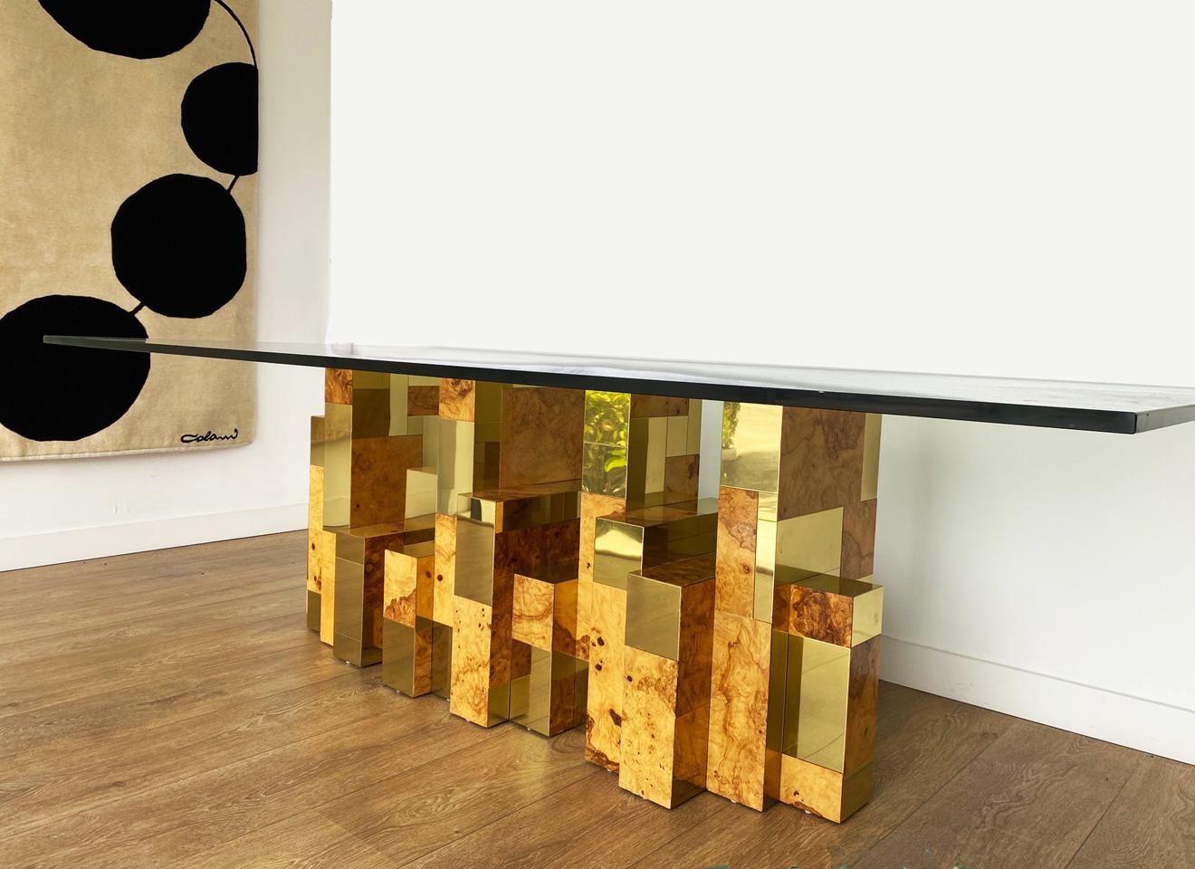 Brutalist Paul Evans Brass and Burl Cityscape Dining Table, USA, 1975