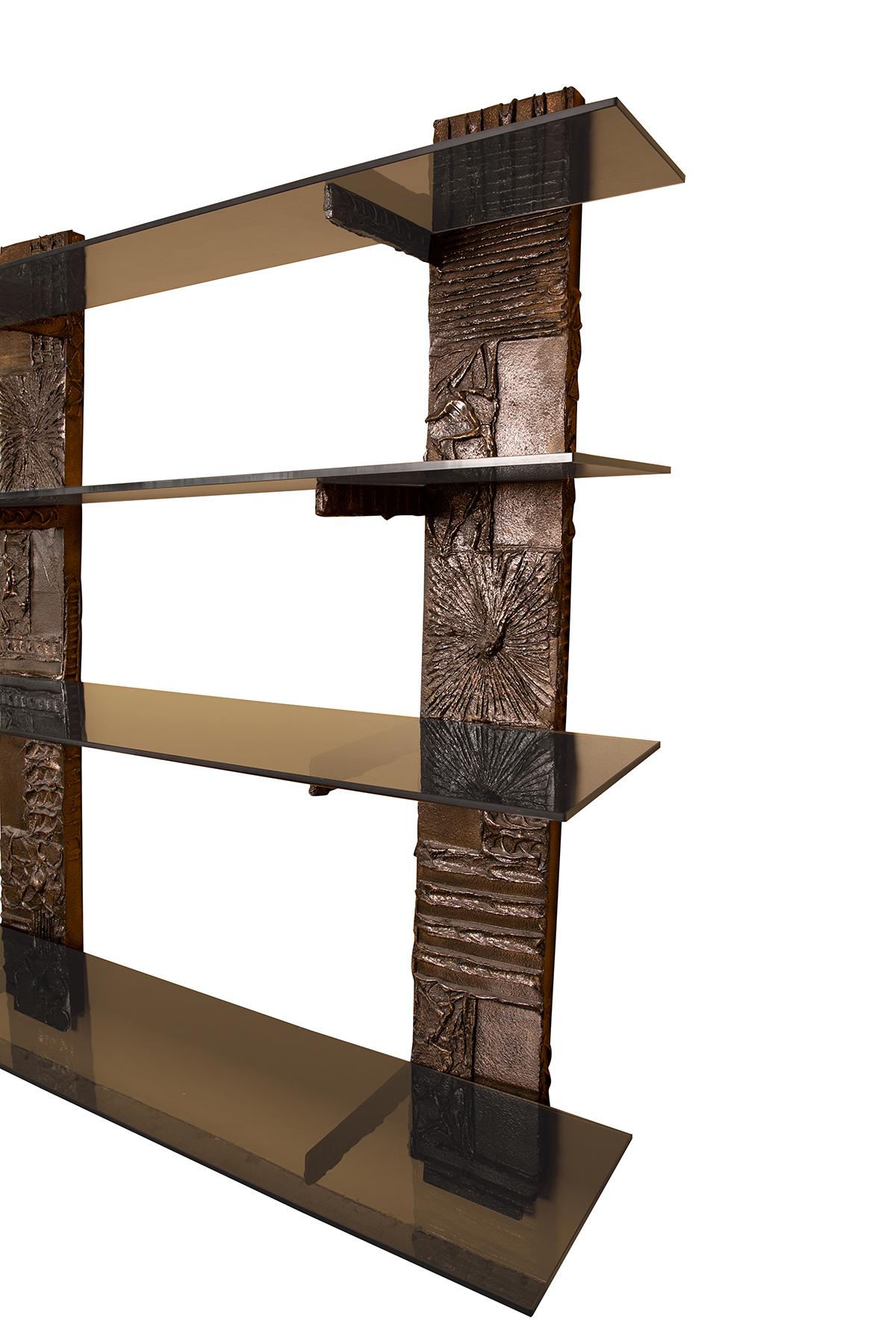 Sculpted bronze resin shelving unit with 4 smoke-colored glass shelves by American designer Paul Evans. Signed PE 70.