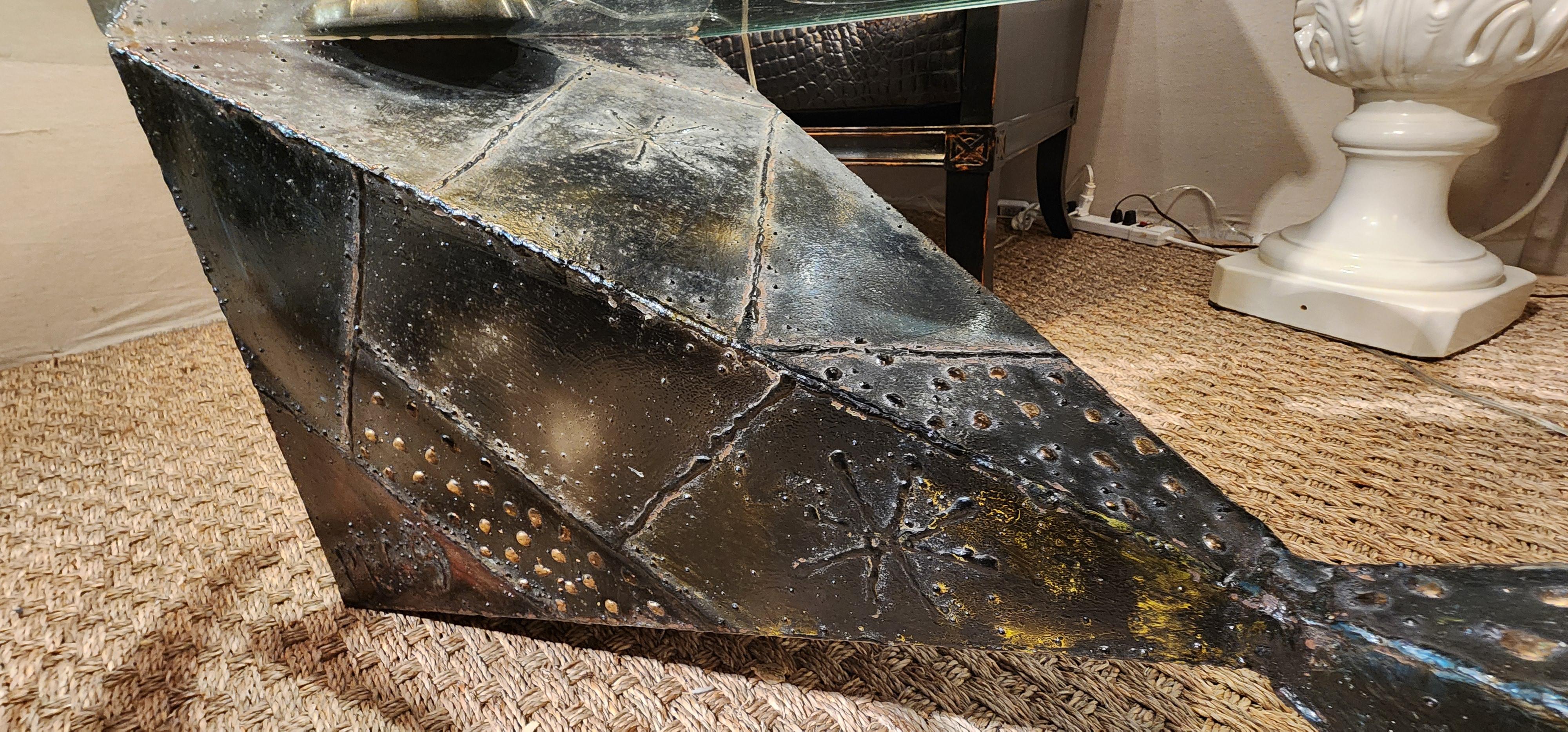 Amazing signed Paul Evans 1969 welded metal brutalist cocktail coffee table. Both signed and dated. As seen by the date, this is one of his older tables. Bowtie pyramid design. In excellent original condition. The glass is original and does have a