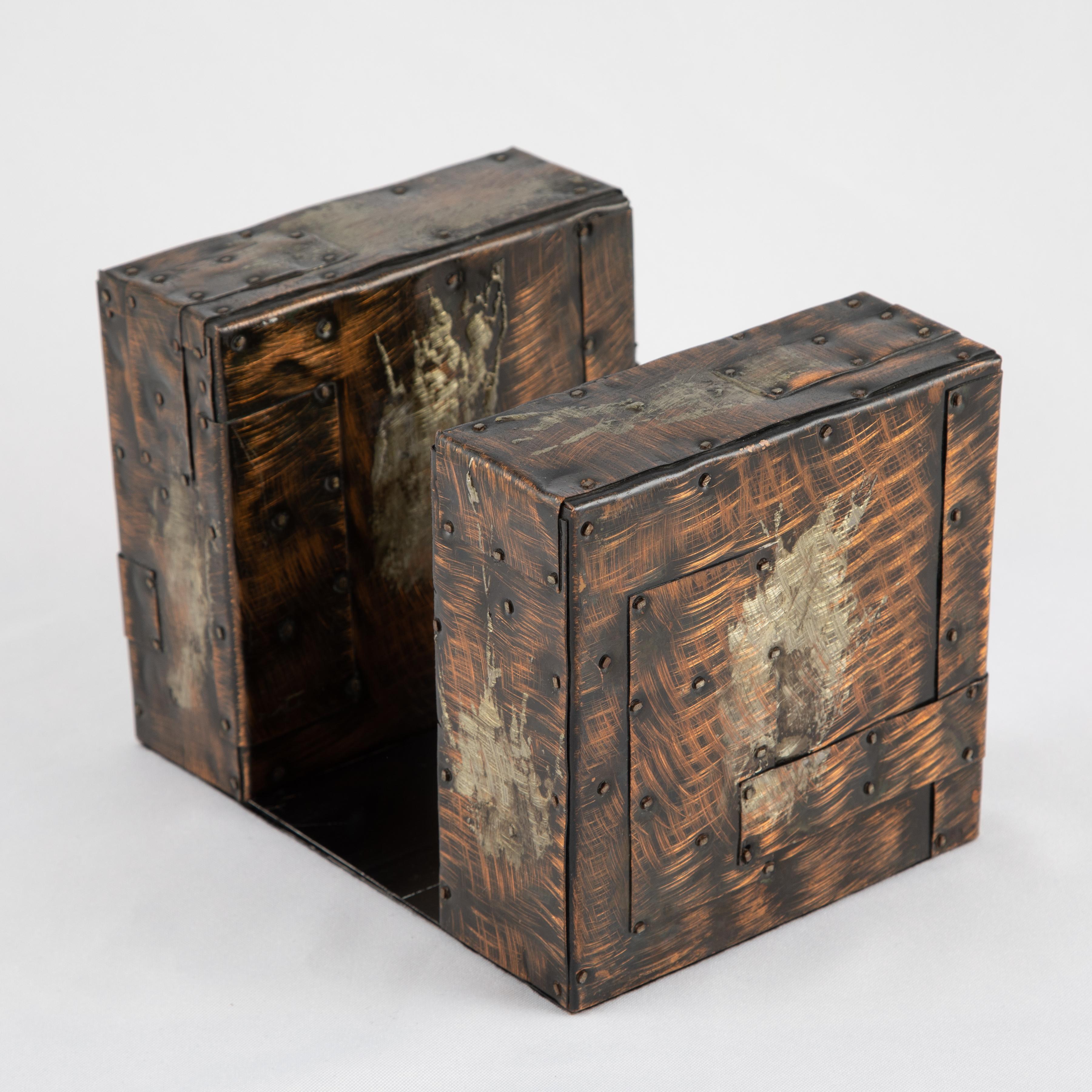 Patinated Paul Evans Brutalist Copper Patchwork Bookends, circa 1970s For Sale