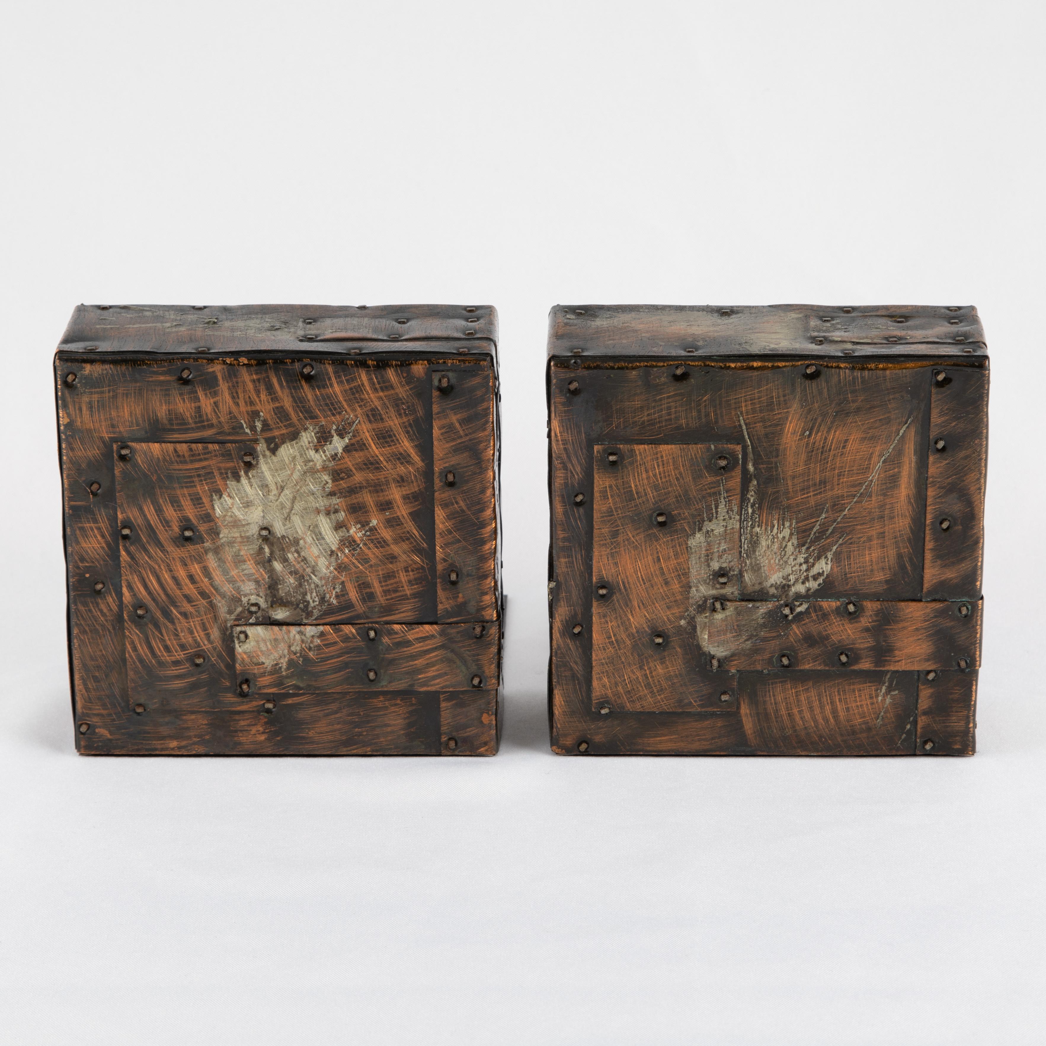 Late 20th Century Paul Evans Brutalist Copper Patchwork Bookends, circa 1970s For Sale