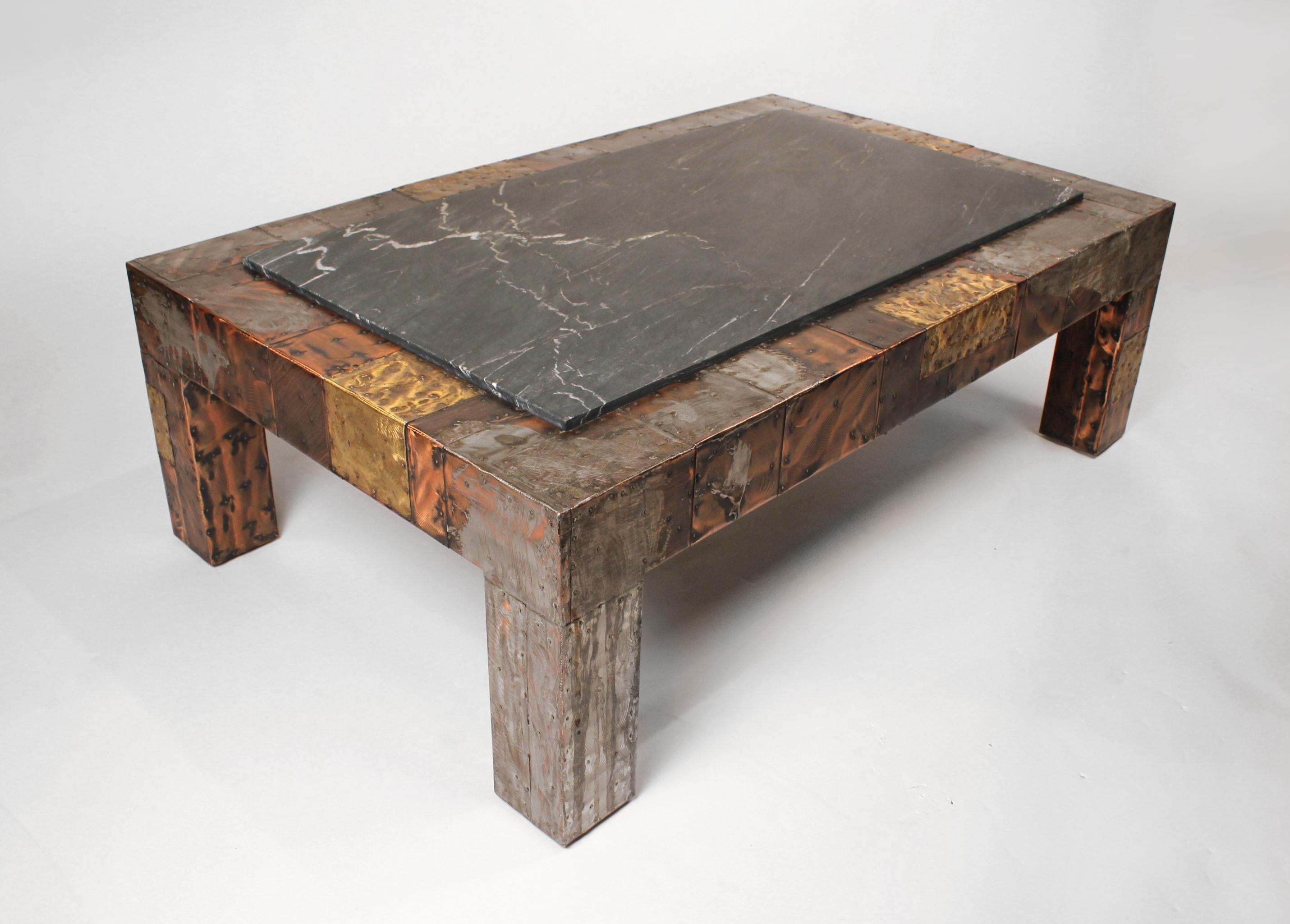 1960s Paul Evans patchwork coffee table for Directional. The slate top on this example has a honed finish and a very subtle veining.
