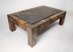 Paul Evans Brutalist Mixed Metals Patchwork Coffee Table with Exotic Slate Top