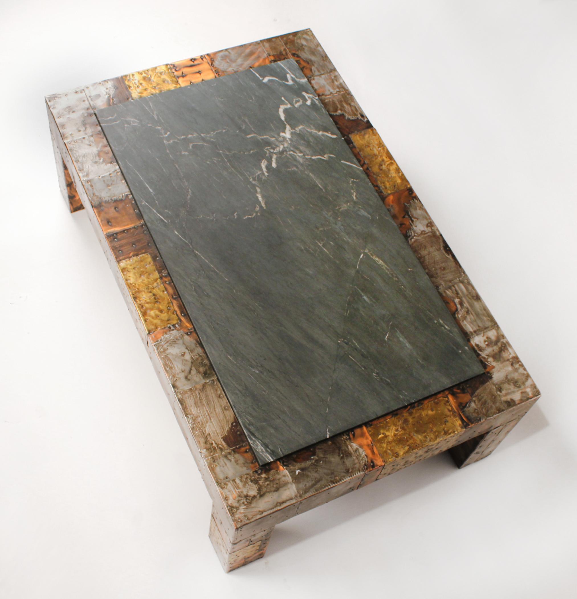 Mid-Century Modern Paul Evans Brutalist Mixed Metals Patchwork Coffee Table with Exotic Slate Top