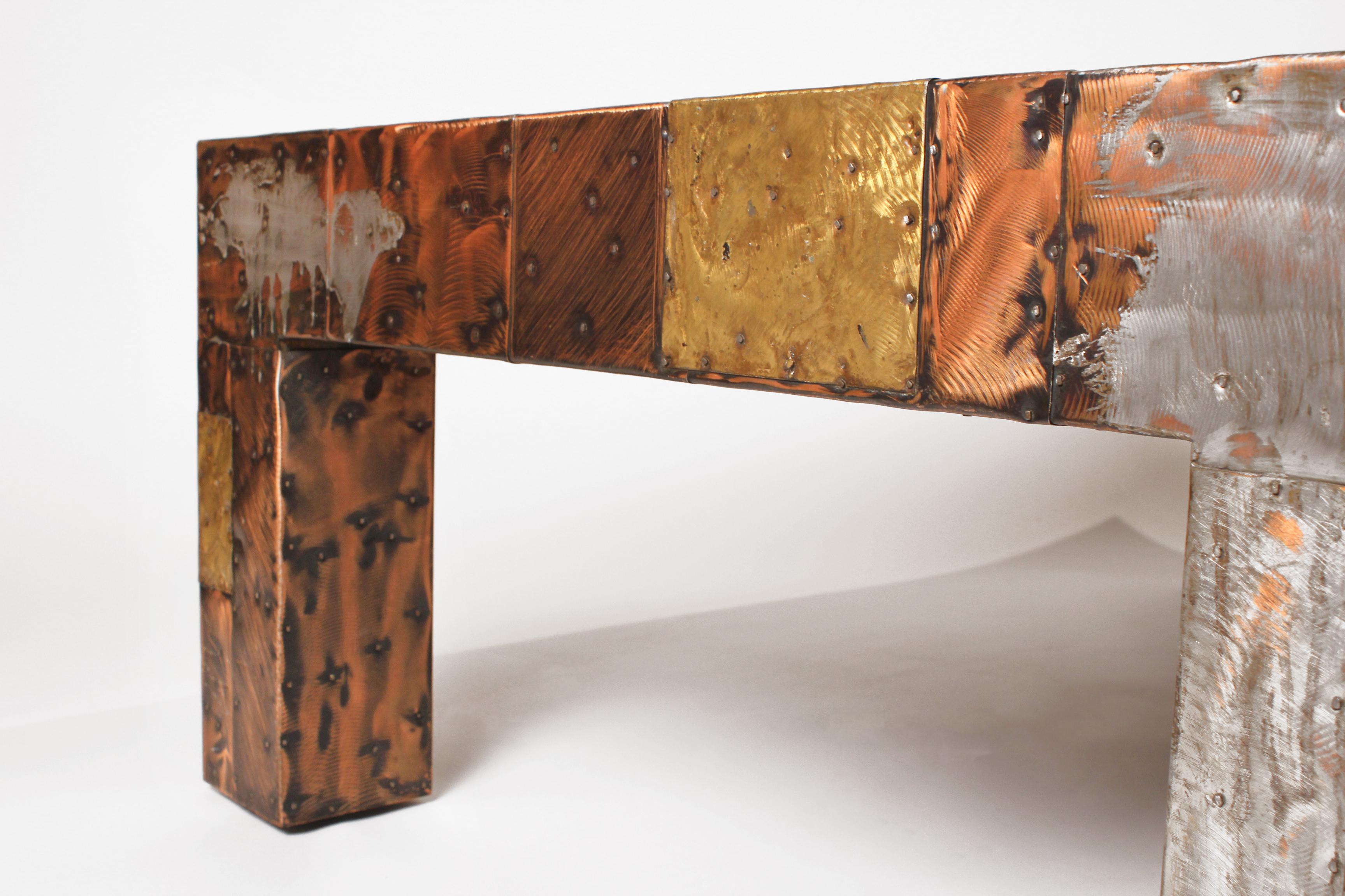 American Paul Evans Brutalist Mixed Metals Patchwork Coffee Table with Exotic Slate Top