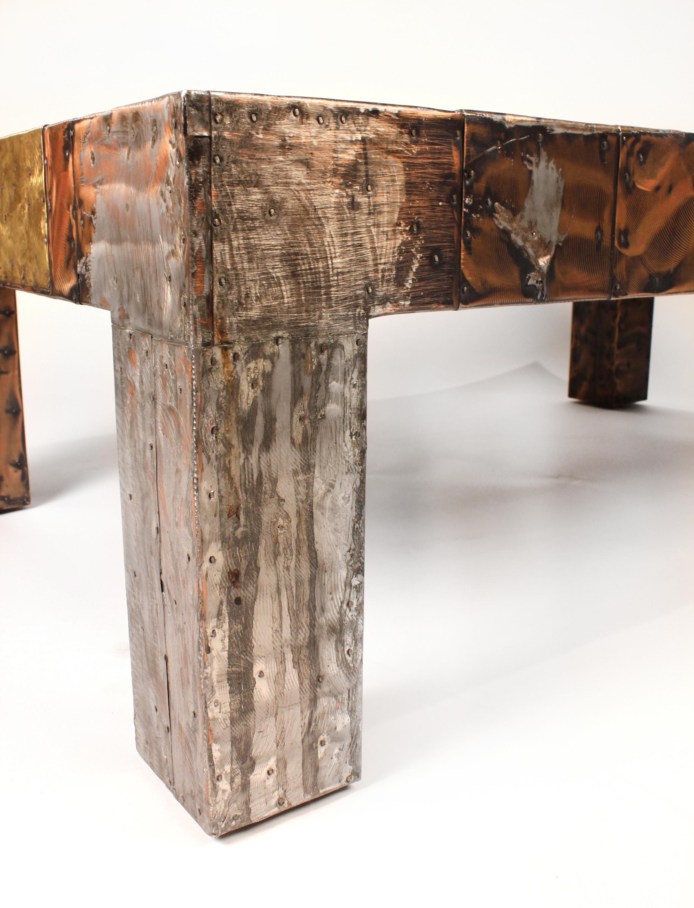 Paul Evans Brutalist Mixed Metals Patchwork Coffee Table with Exotic Slate Top In Excellent Condition In Dallas, TX