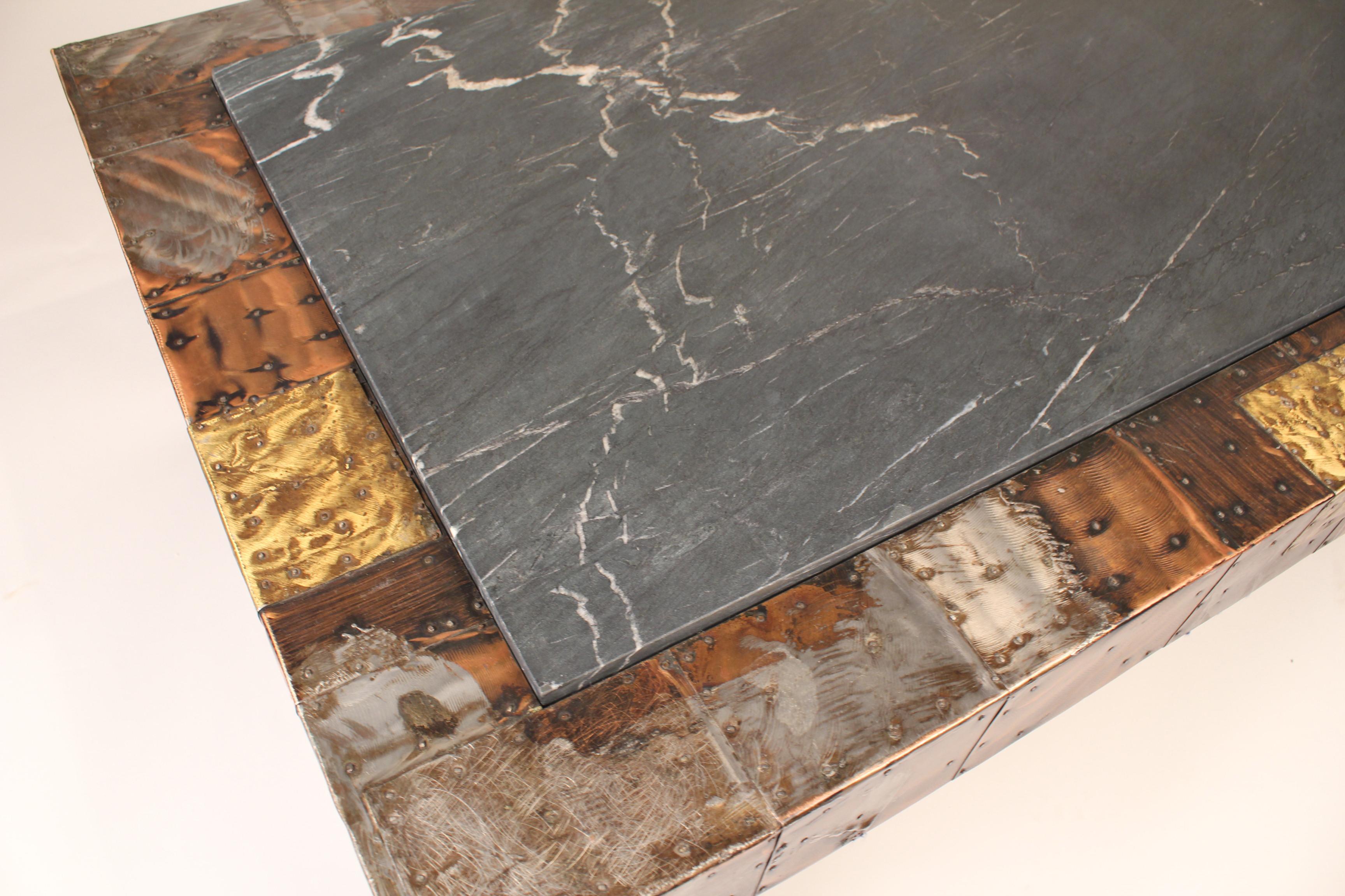 20th Century Paul Evans Brutalist Mixed Metals Patchwork Coffee Table with Exotic Slate Top