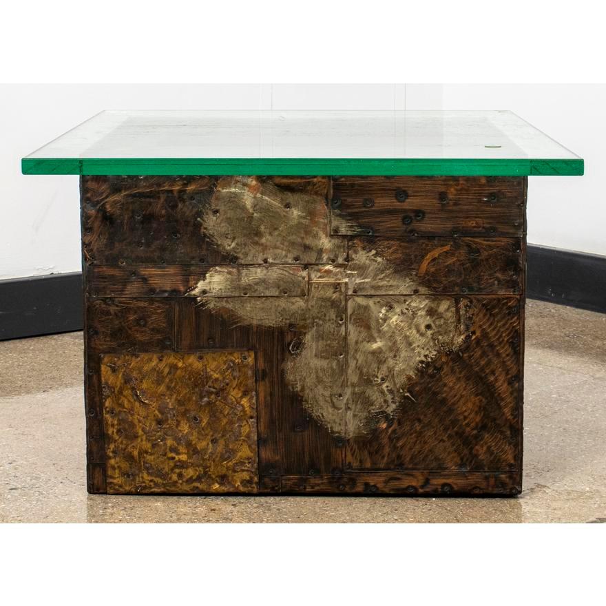 Paul Evans Brutalist Modern 'Patchwork' coffe table or side table with base in steel, copper and bronze patchwork, with square glass top, circa 1970. 16