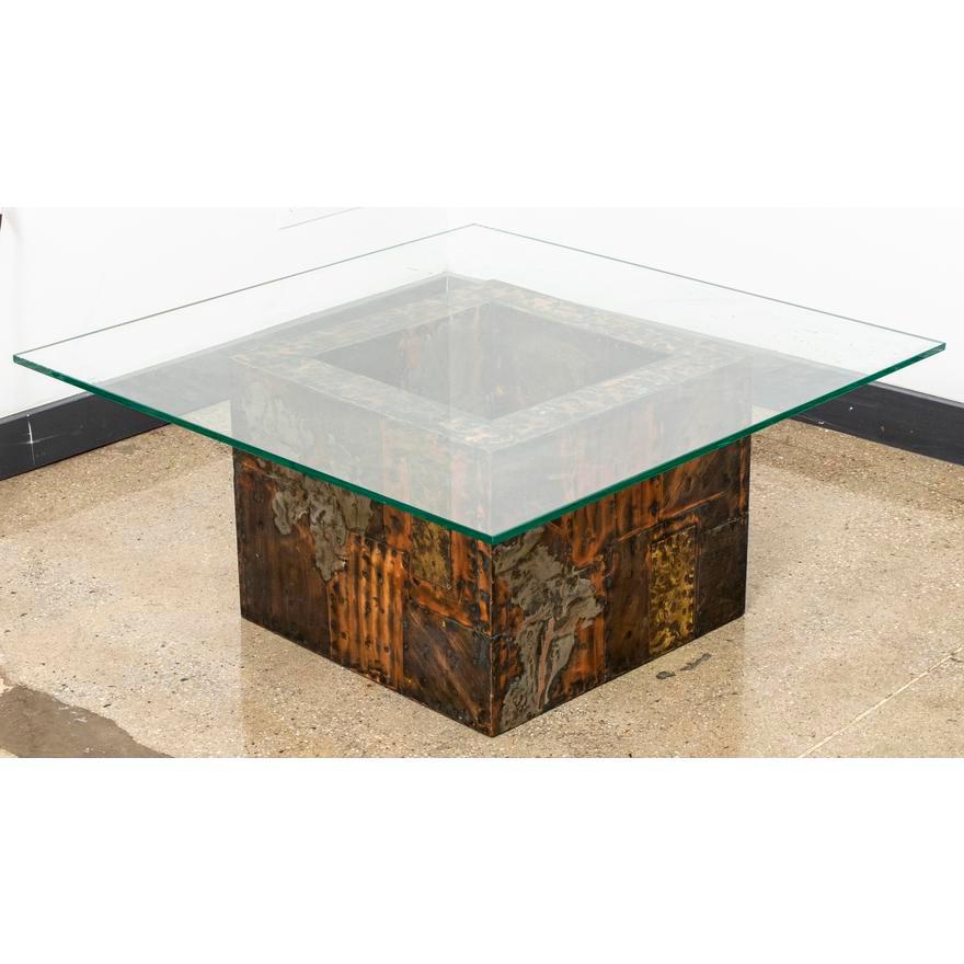 Paul Evans Brutalist Modern 'Patchwork' side table or coffee table with base in steel, copper and bronze patchwork, with square glass top, circa 1970. 16.75