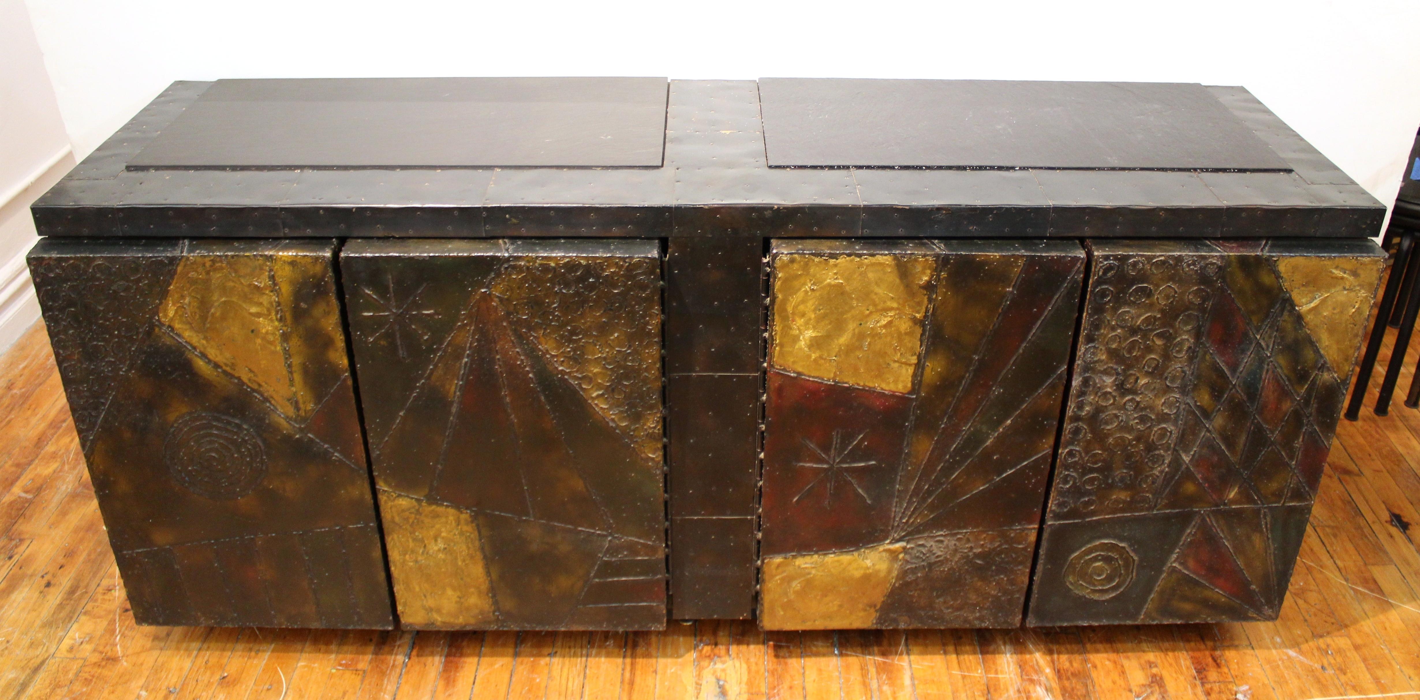 Paul Evans Brutalist Relief Cabinet with Welded Steel Doors and Slate Top Insets In Good Condition In New York, NY