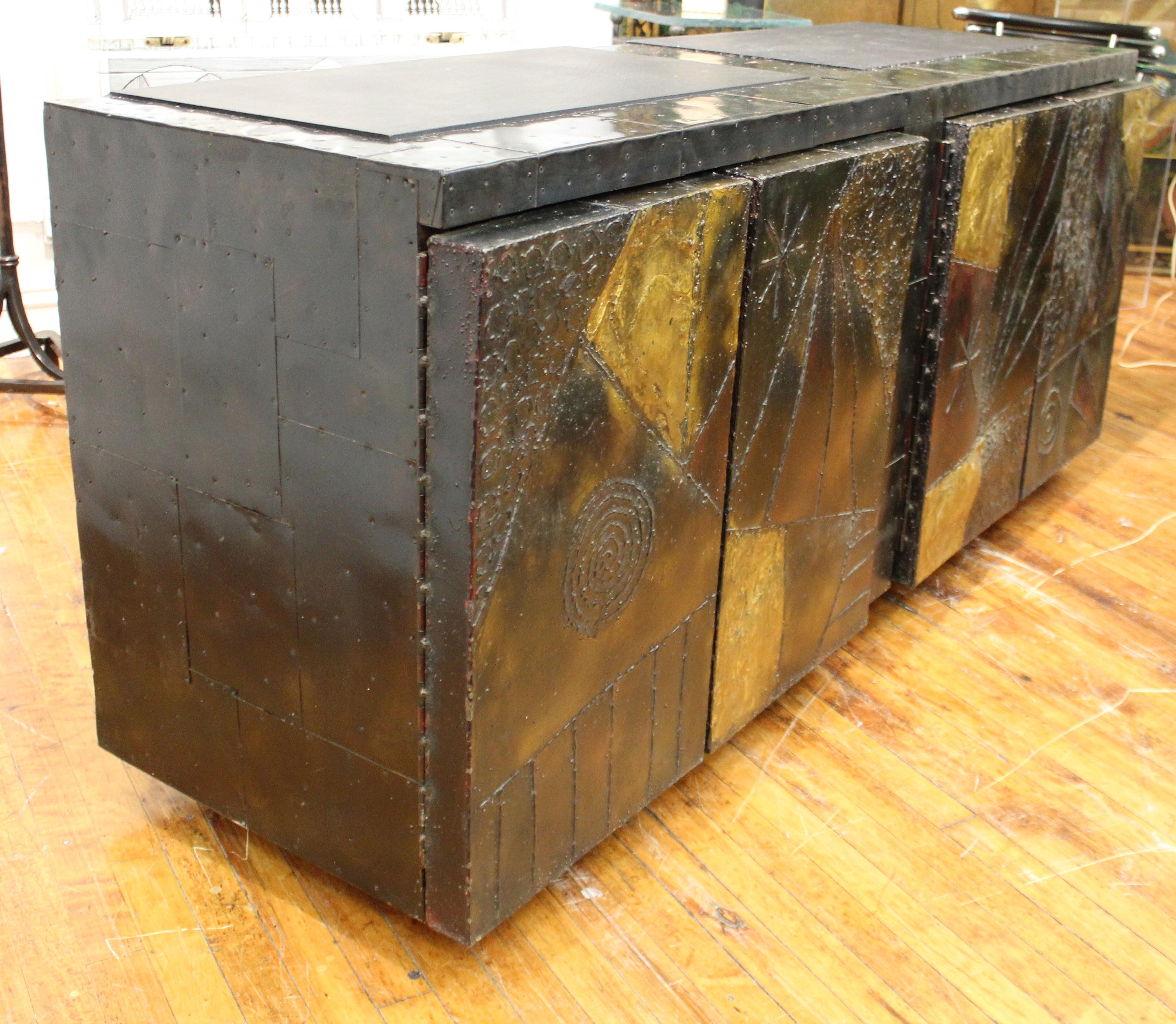 Late 20th Century Paul Evans Brutalist Relief Cabinet with Welded Steel Doors and Slate Top Insets