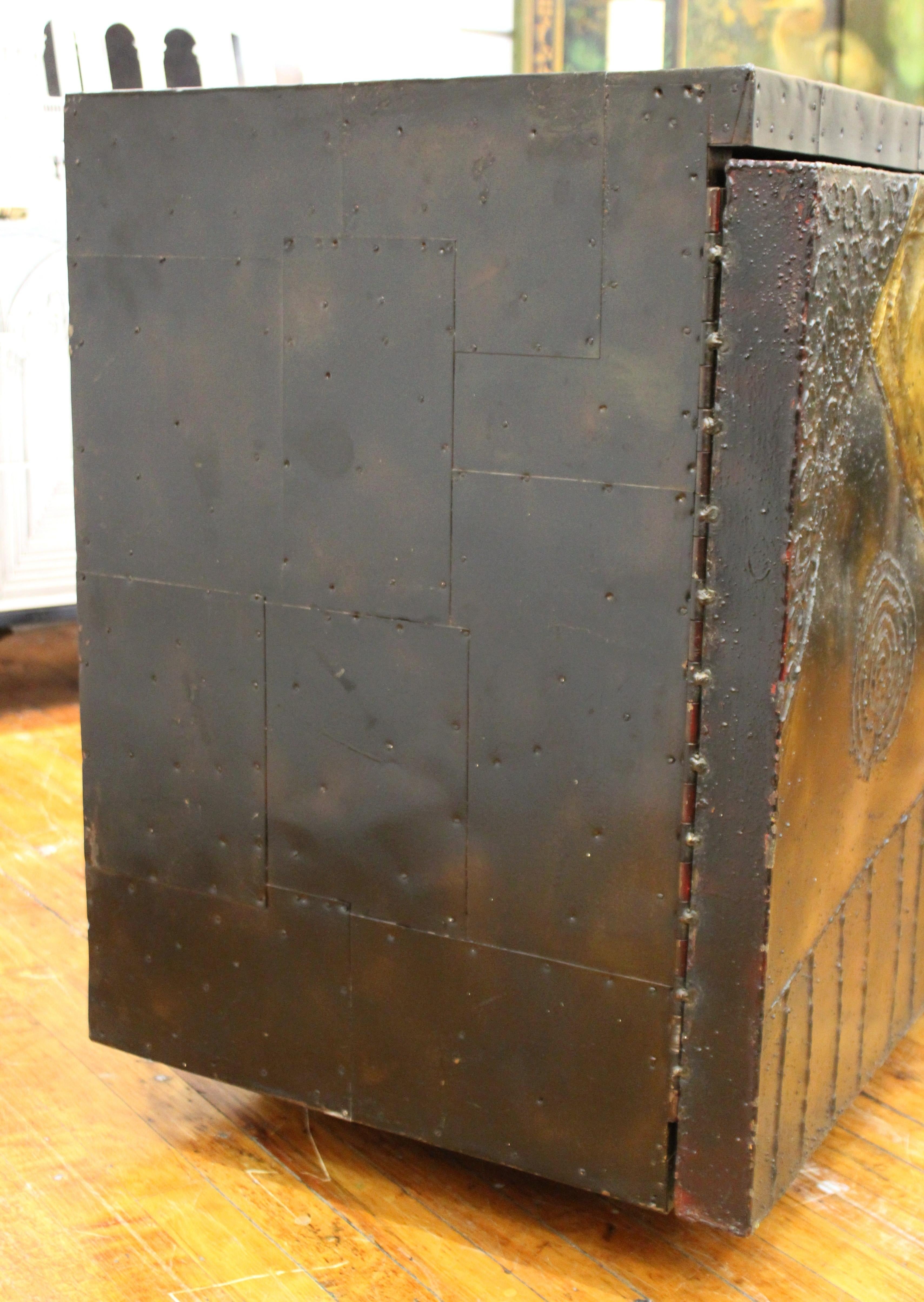 Paul Evans Brutalist Relief Cabinet with Welded Steel Doors and Slate Top Insets 1