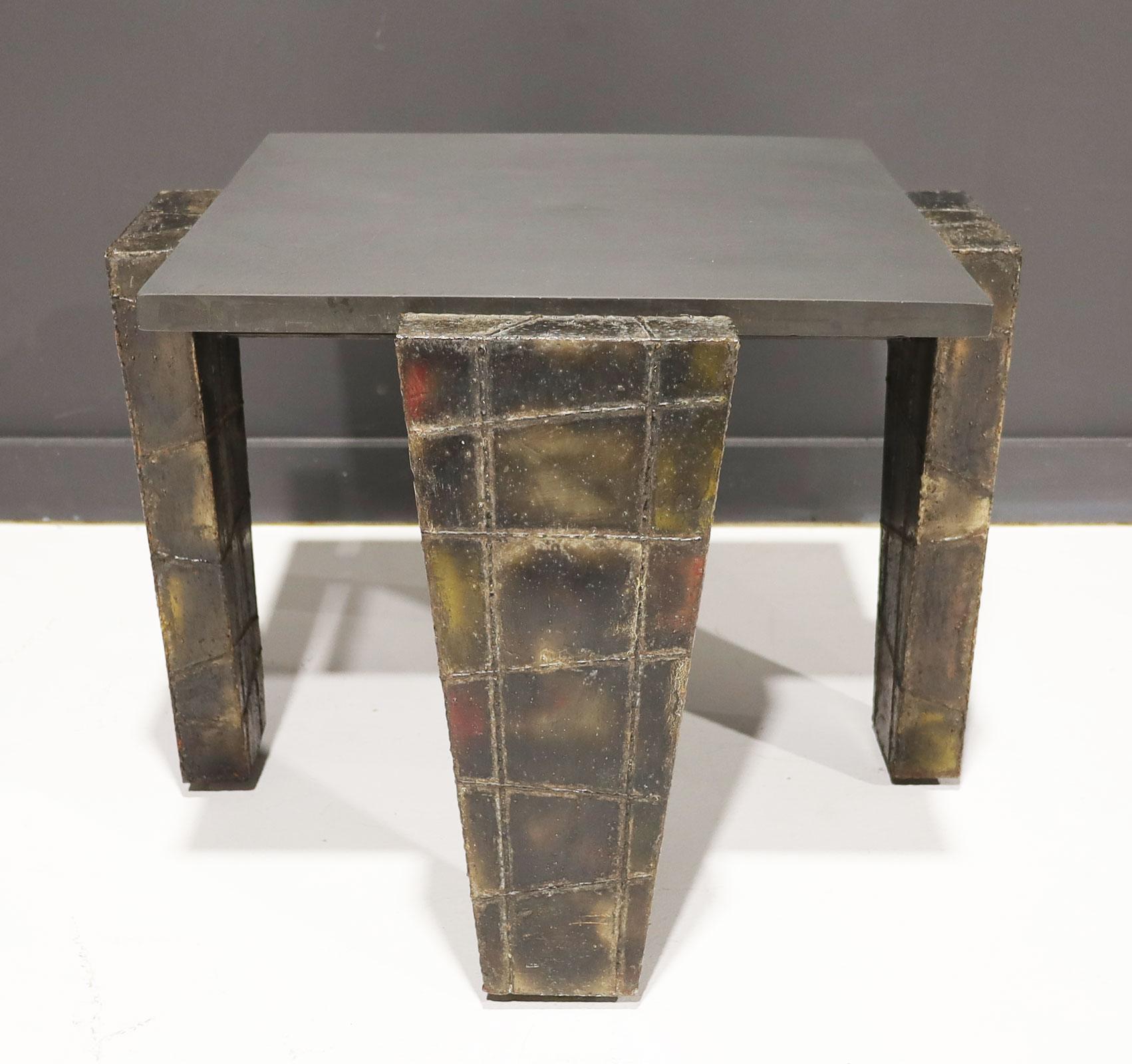 Mid-Century Modern Paul Evans Brutalist Side Table Welded Metal and Slate Top, Signed and dtd 1977 For Sale