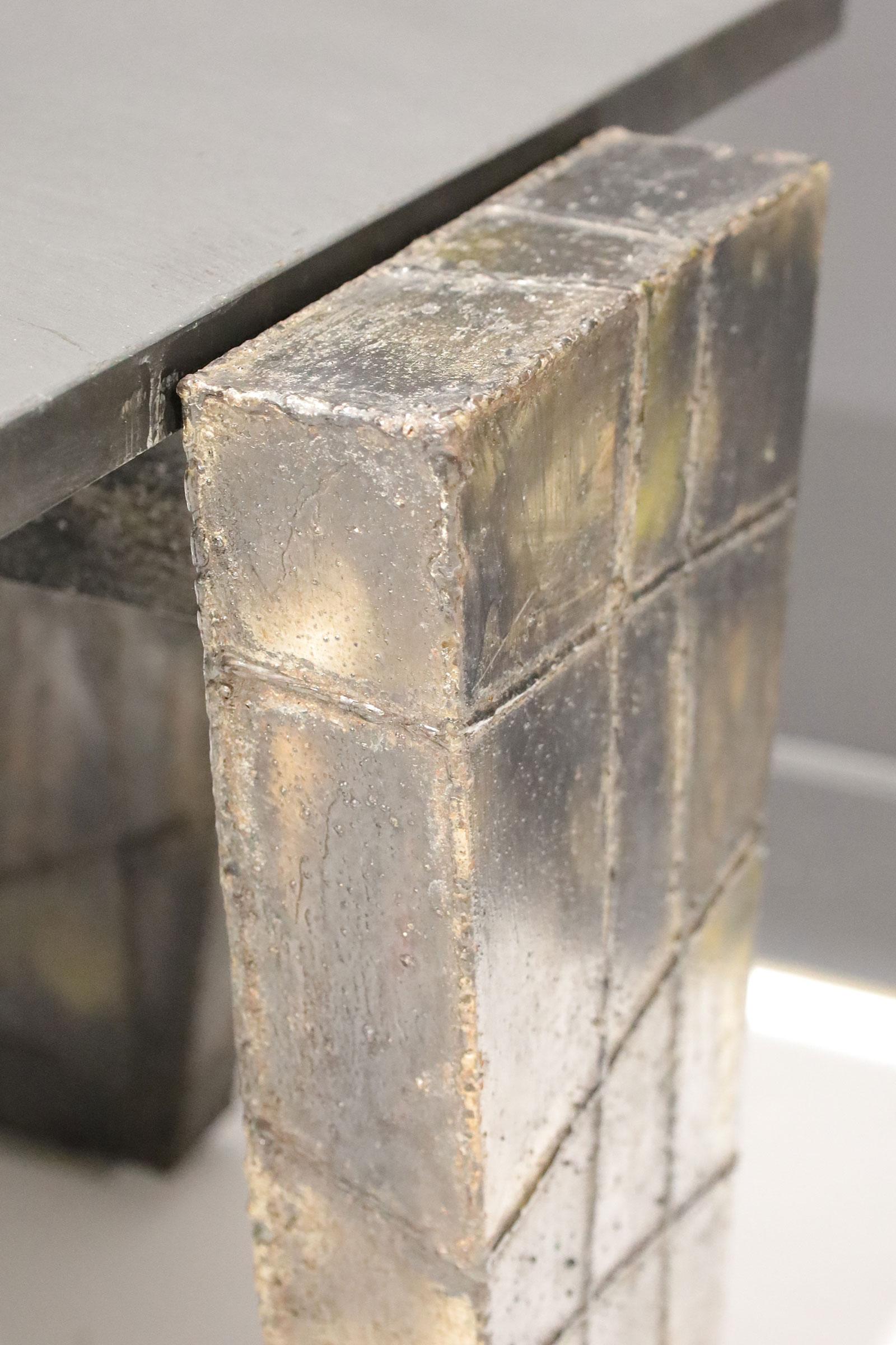 American Paul Evans Brutalist Side Table Welded Metal and Slate Top, Signed and dtd 1977 For Sale