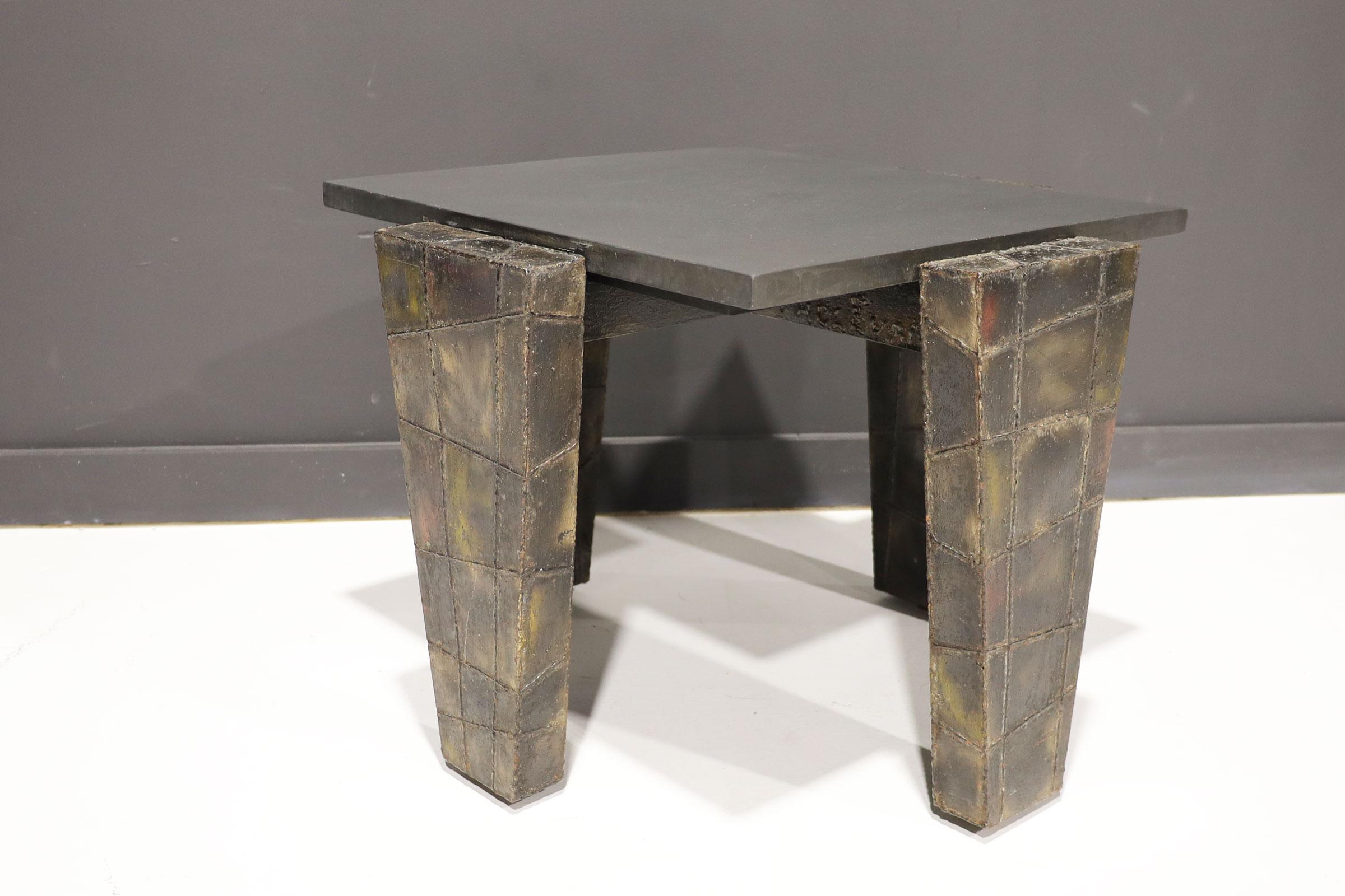 20th Century Paul Evans Brutalist Side Table Welded Metal and Slate Top, Signed and dtd 1977 For Sale