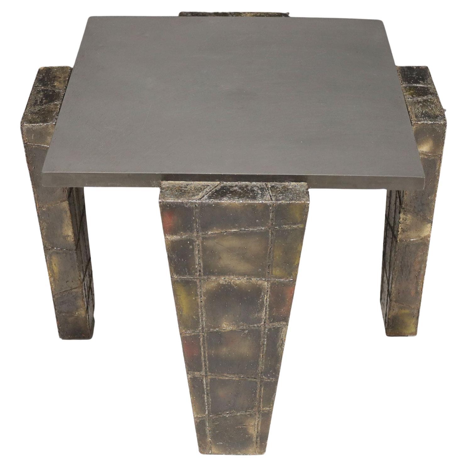 Paul Evans Brutalist Side Table Welded Metal and Slate Top, Signed and dtd 1977 For Sale