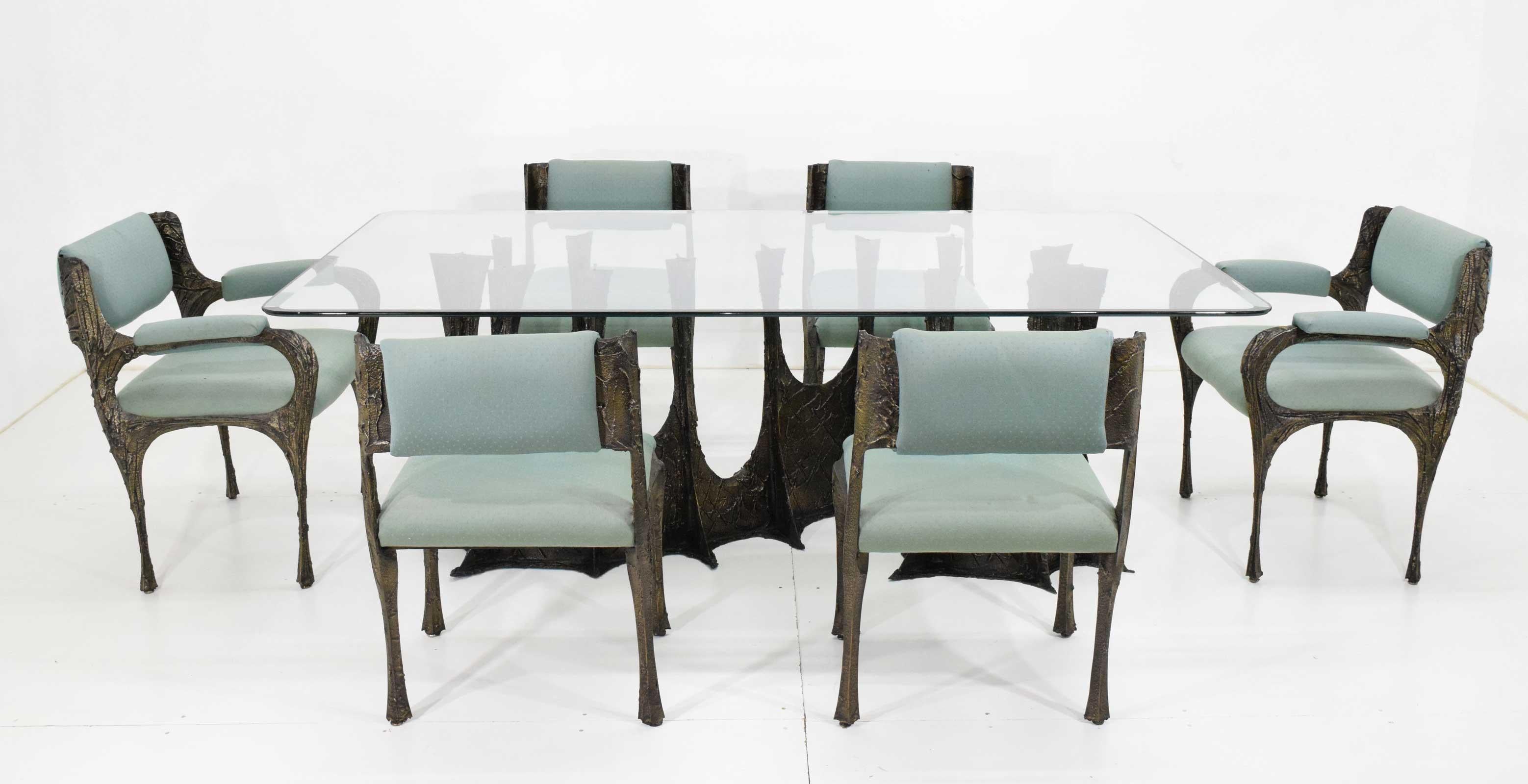 A spectacular and very rare sculptural Brutalist Paul Evans stalagmite base dining table, model PE102, signed PE72. The bronze and resin composite base is in extraordinary condition and shows beautifully with its deep dark bronze patina. The table