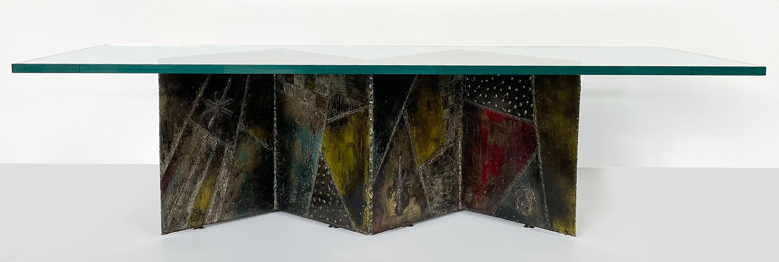 Paul Evans model PE 11 zig-zag coffee table for Directional, circa 1970s. W shaped (zig zag) sculpted and welded steel patchwork design. Multi colored enameled steel with bronze accents. Excellent original condition with minor wear from age and use.