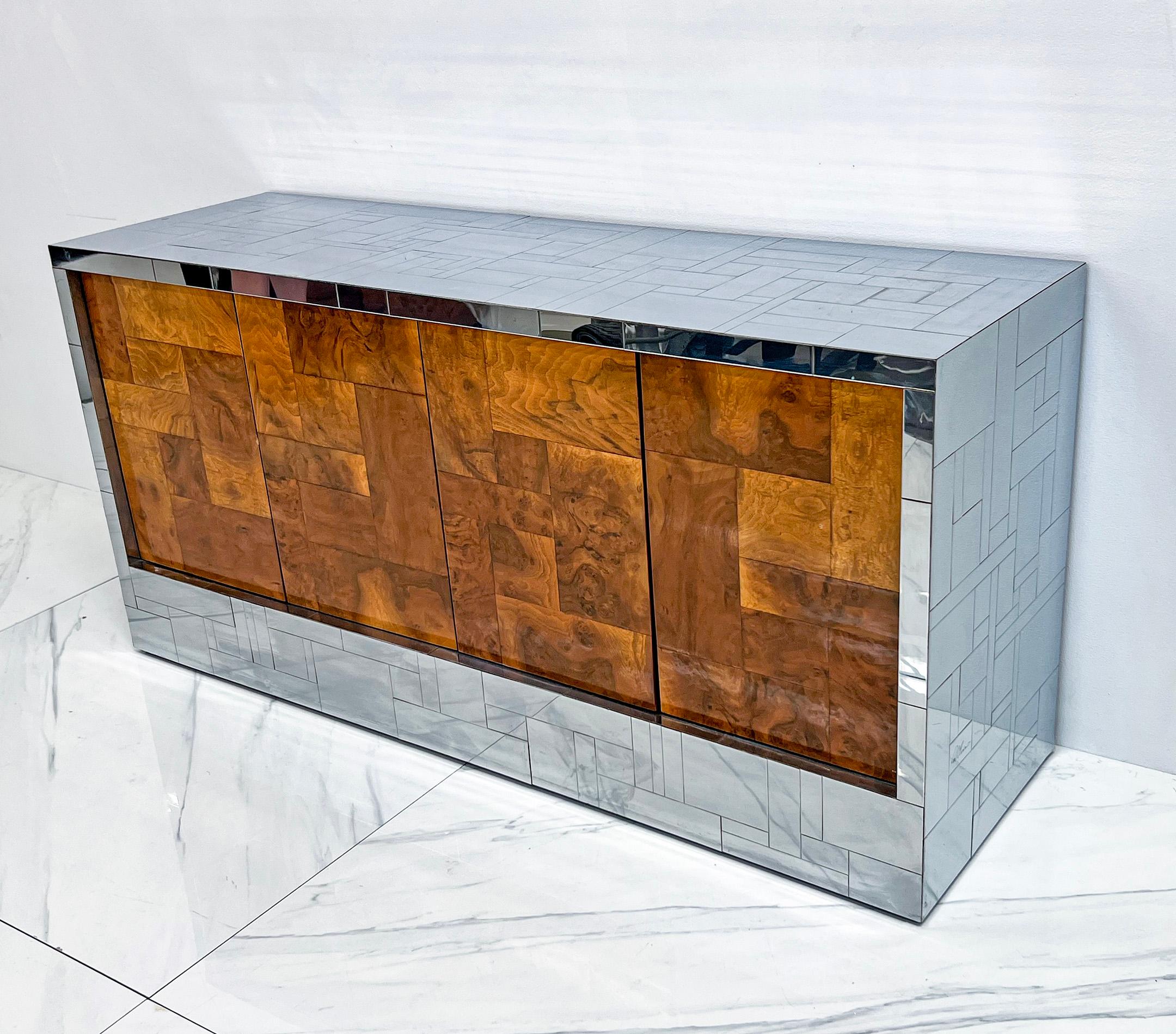 Mid-Century Modern Paul Evans Burl and Chrome Cityscape Credenza, Directional, Signed, 1970s For Sale