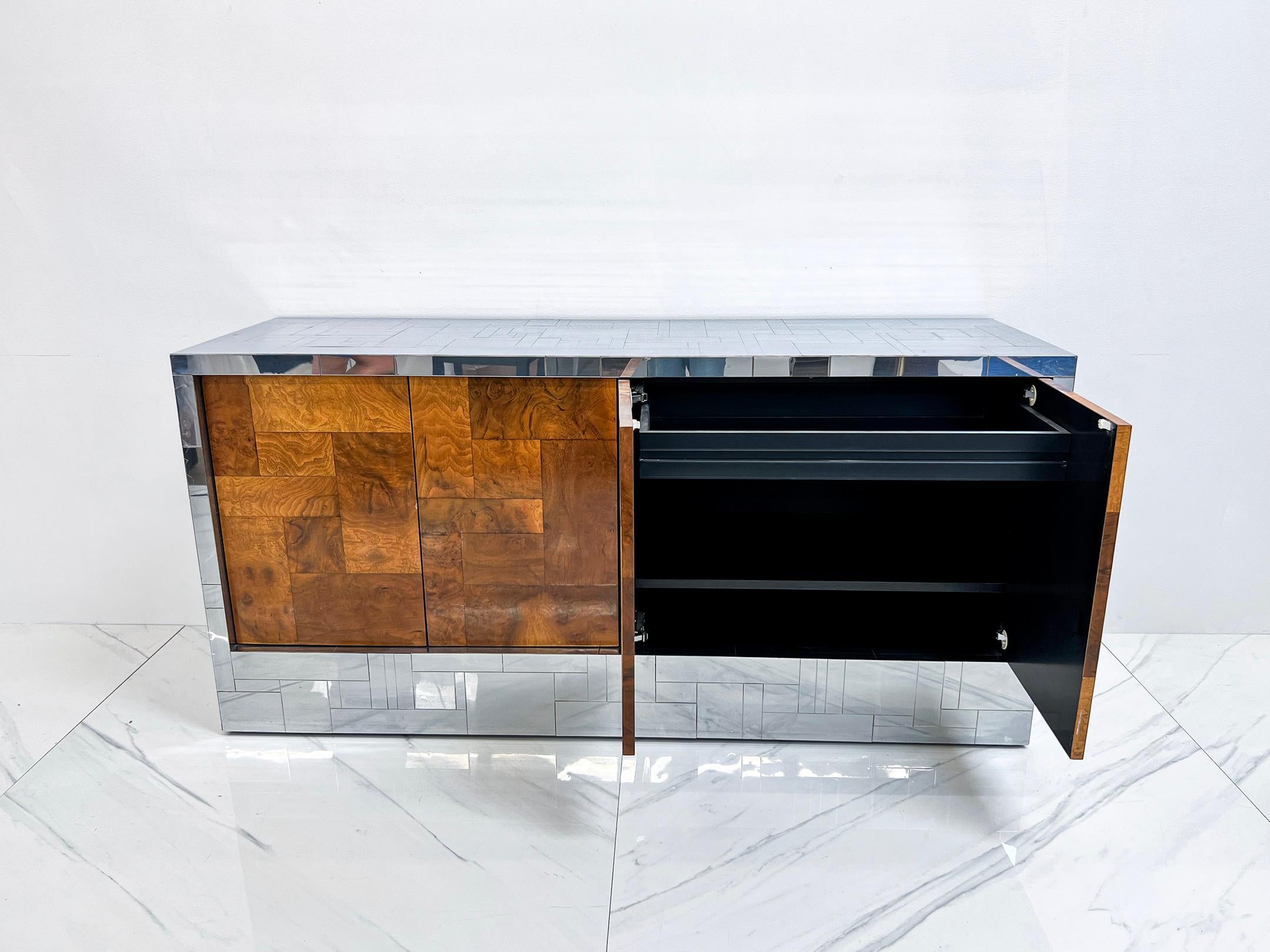American Paul Evans Burl and Chrome Cityscape Credenza, Directional, Signed, 1970s For Sale