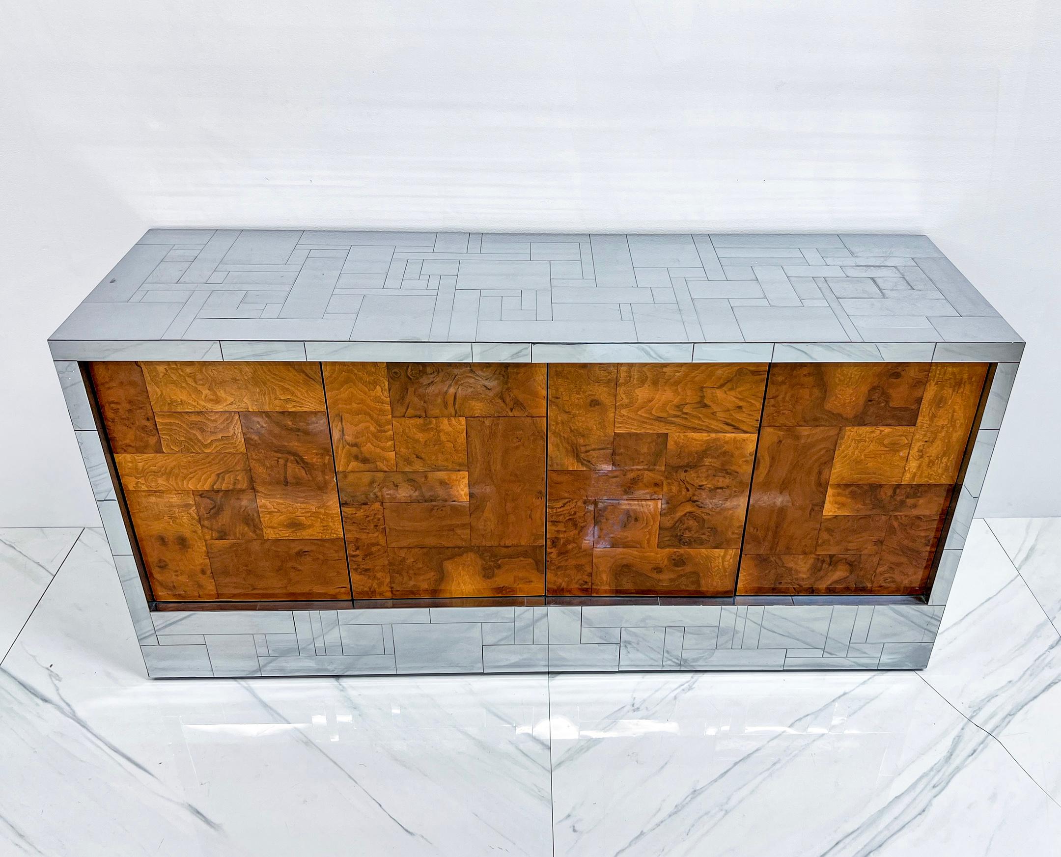 Paul Evans Burl and Chrome Cityscape Credenza, Directional, Signed, 1970s For Sale 2
