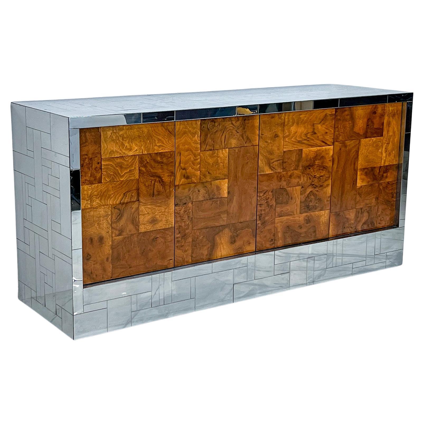 Paul Evans Burl and Chrome Cityscape Credenza, Directional, Signed, 1970s