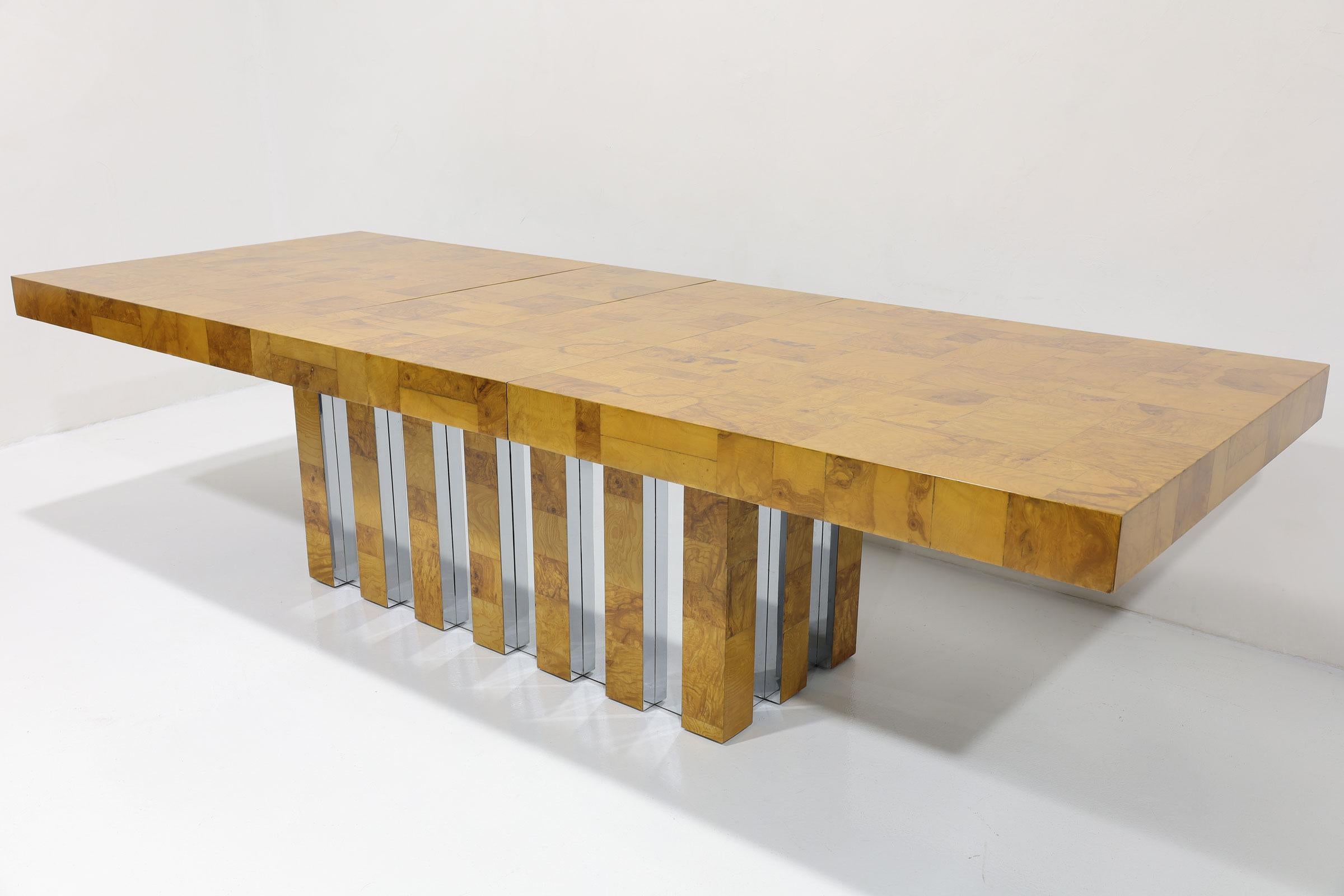 Table de salle à manger Cityscape de Paul Evans en ronce de bois et chrome en vente 3