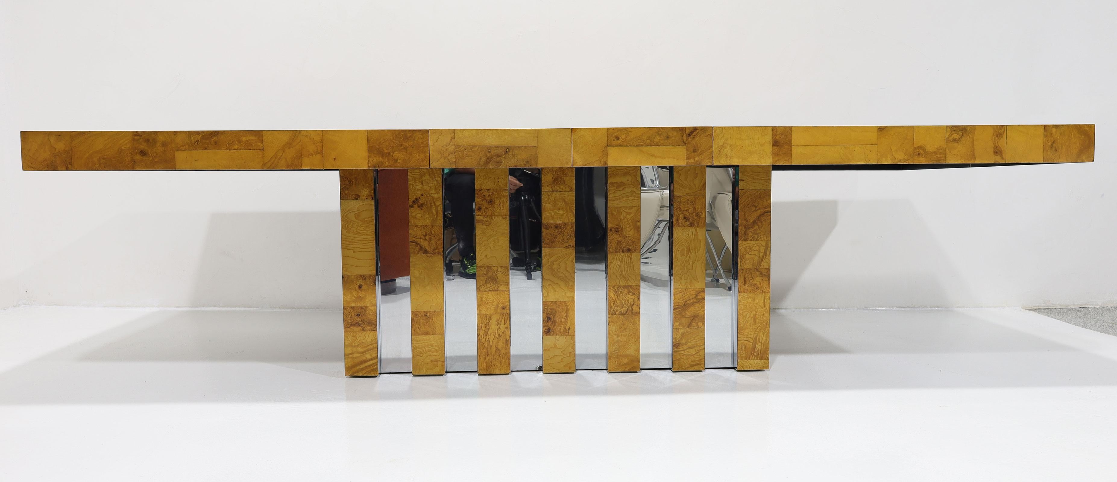 Table de salle à manger Cityscape de Paul Evans en ronce de bois et chrome en vente 5
