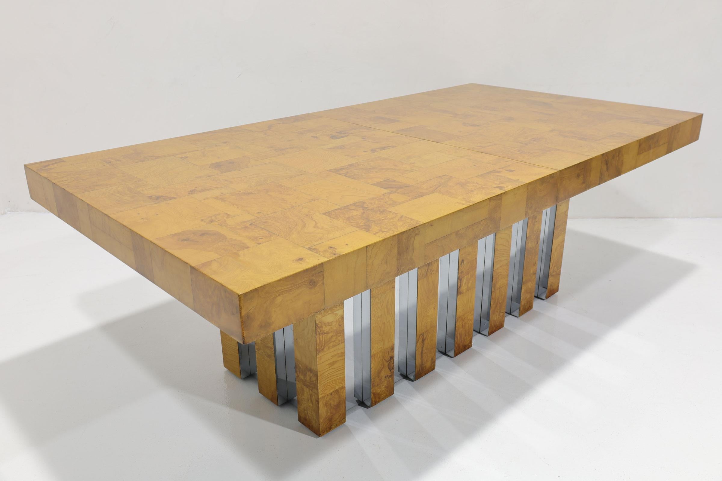 Chrome Table de salle à manger Cityscape de Paul Evans en ronce de bois et chrome en vente