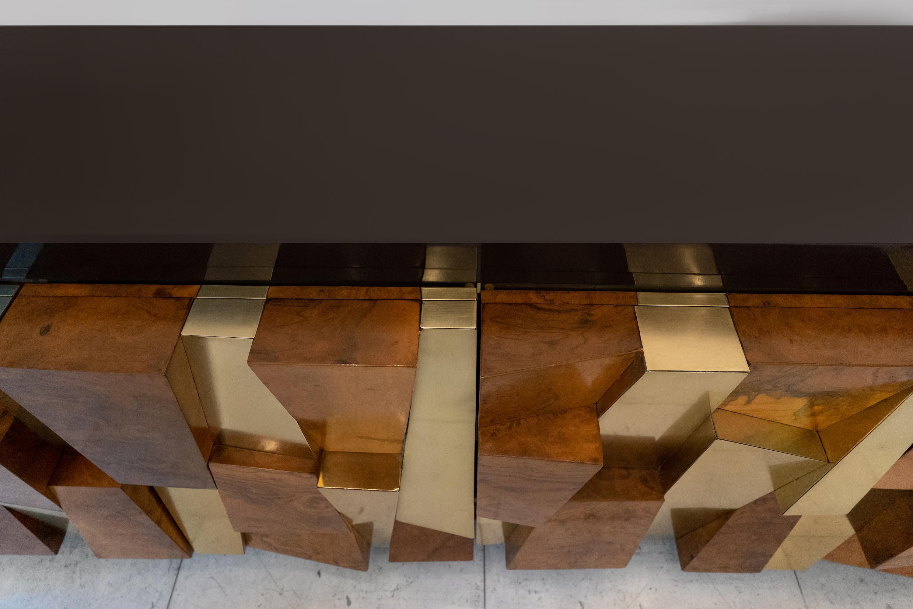 Paul Evans, Burled Walnut and Brass Faceted Cabinet, 1980, USA 2
