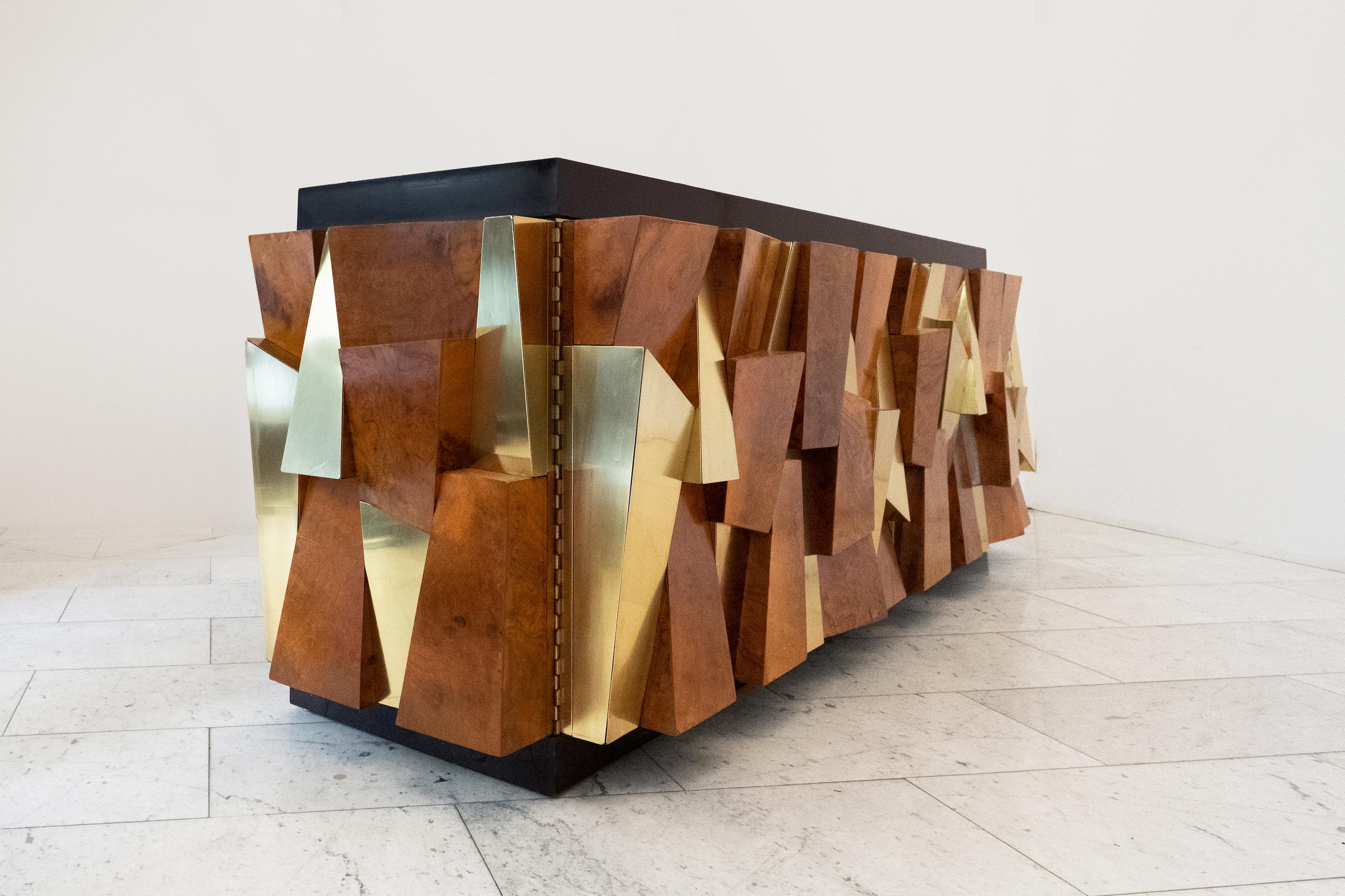 Paul Evans, Burled Walnut and Brass Faceted Cabinet, 1980, USA 3